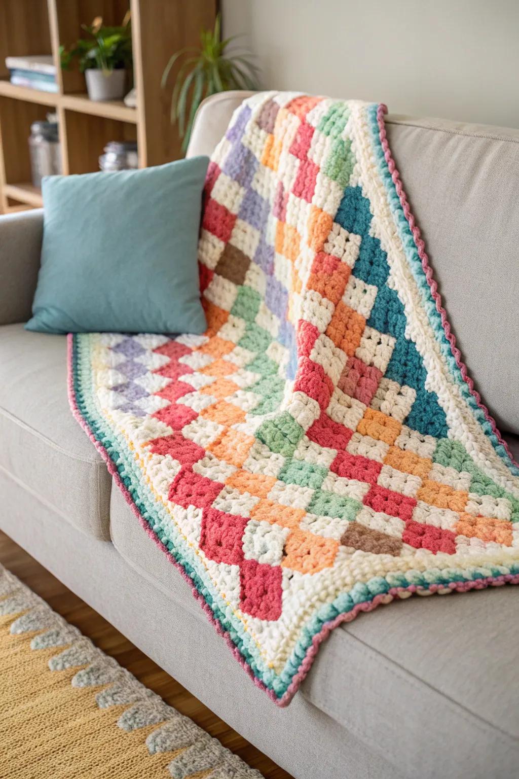 A textured border employing unicolor and gradient threads enriches this contemporary living area.