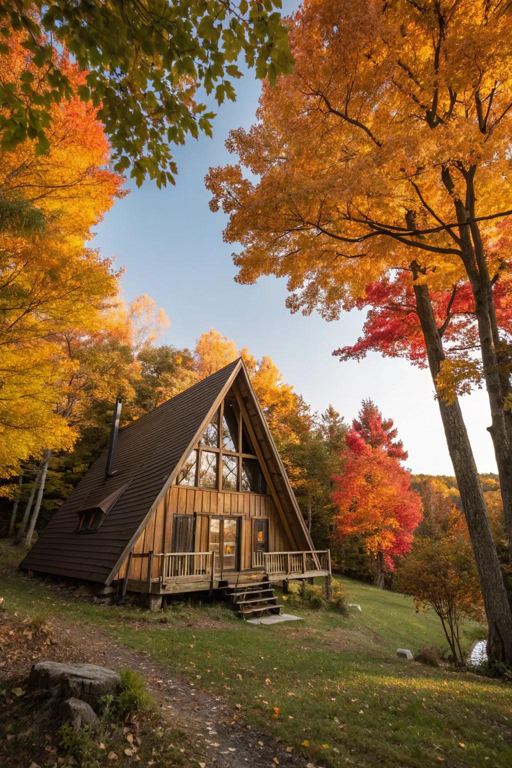 An A-frame cabin displayed amongst a scene of vibrant autumn hues