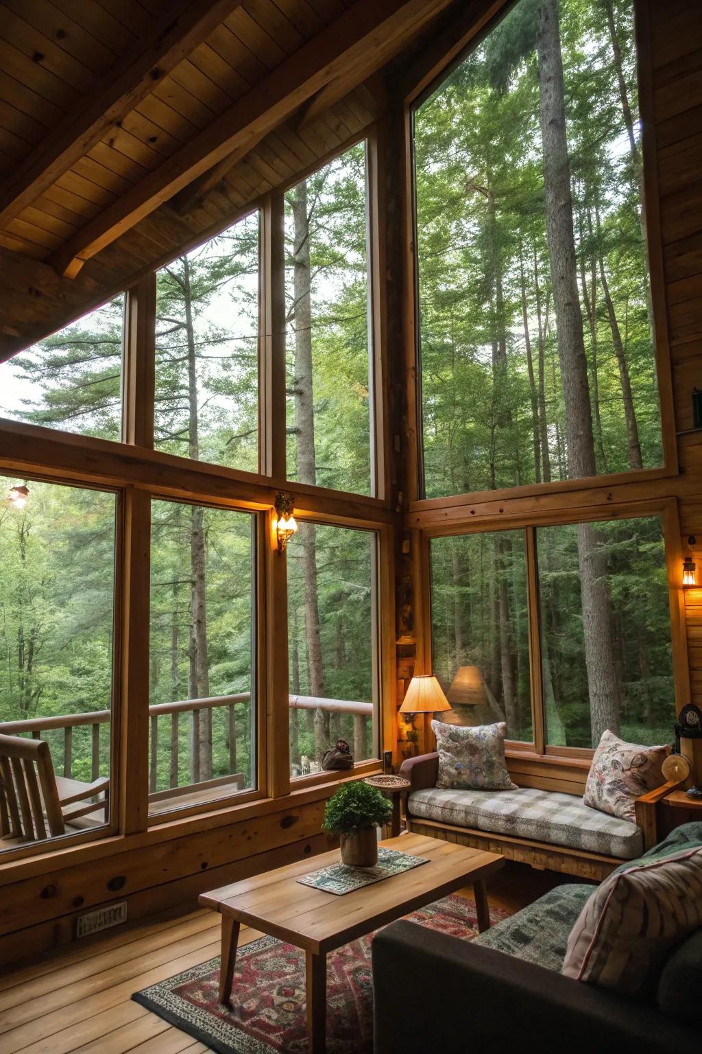 Expansive windows welcome the splendor of nature indoors.