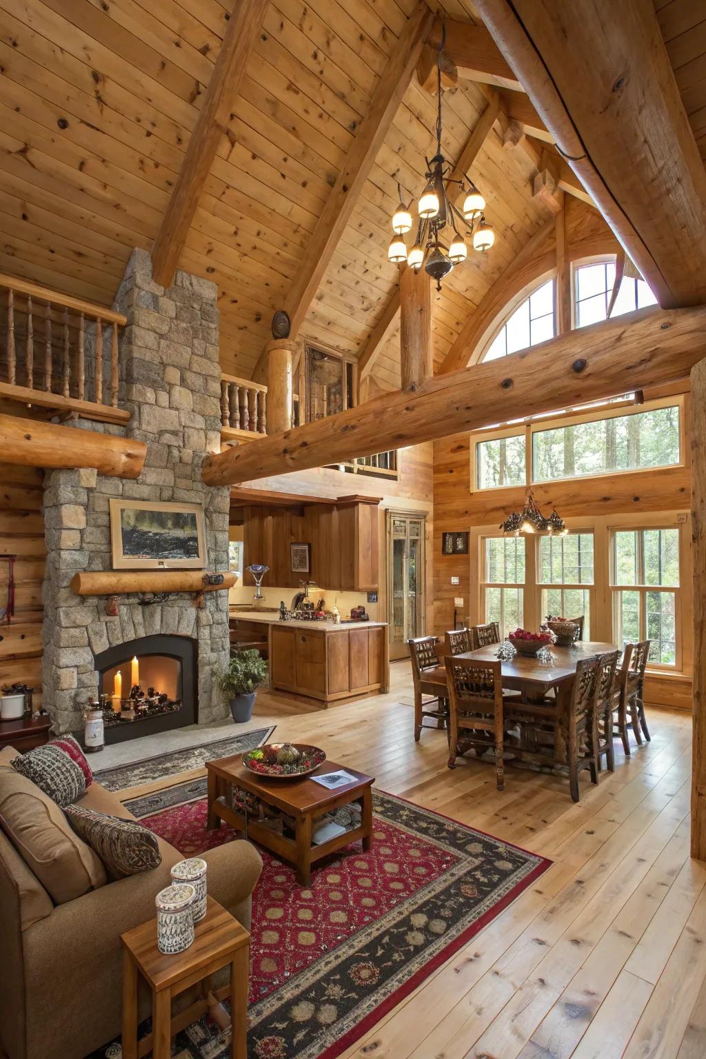 An open floor plan elevates the perception of spaciousness and promotes a sense of community within a cabin setting.