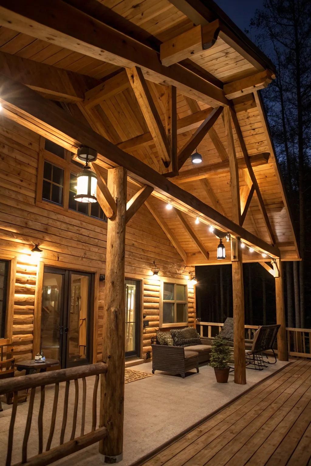 Uncovered lumber supports emphasized by lighting, contributing dimension to a cabin interior.