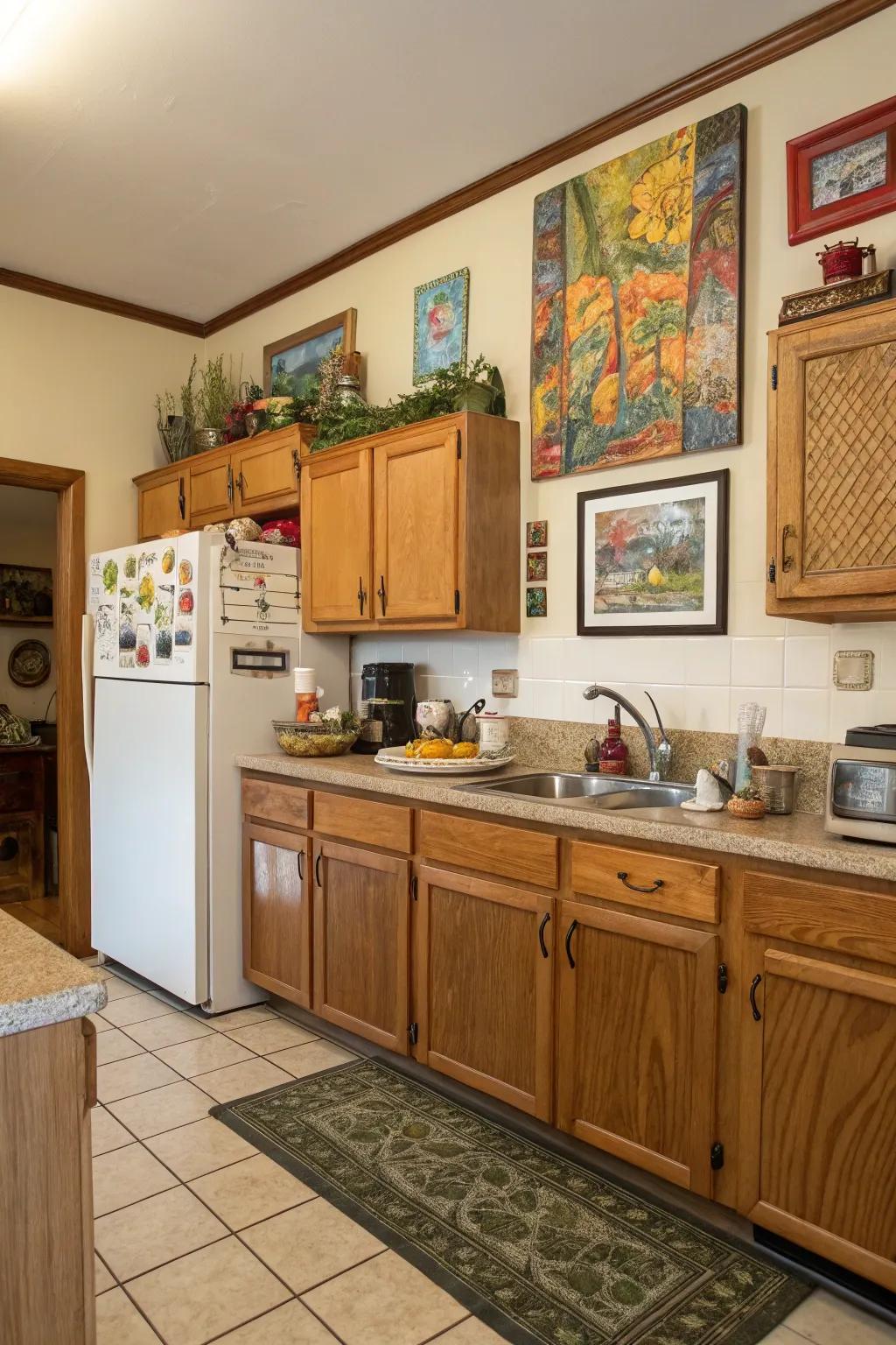 Artwork above the fridge can inject a unique personal touch into your kitchen.