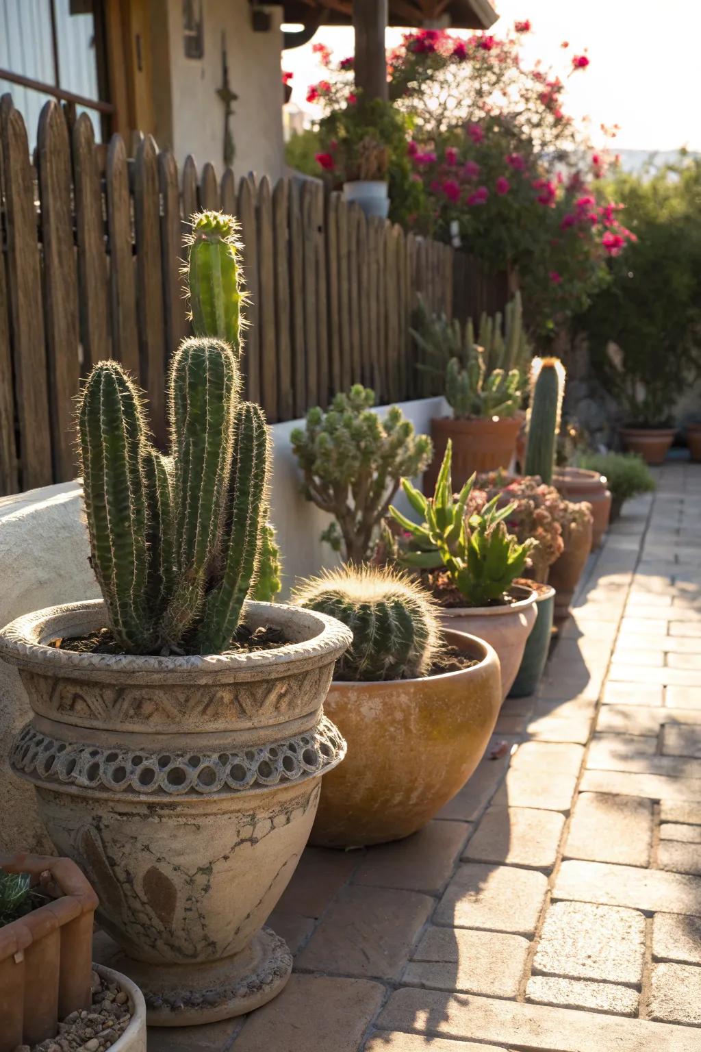 Charming antique pots featuring cacti, ideal for compact spaces.