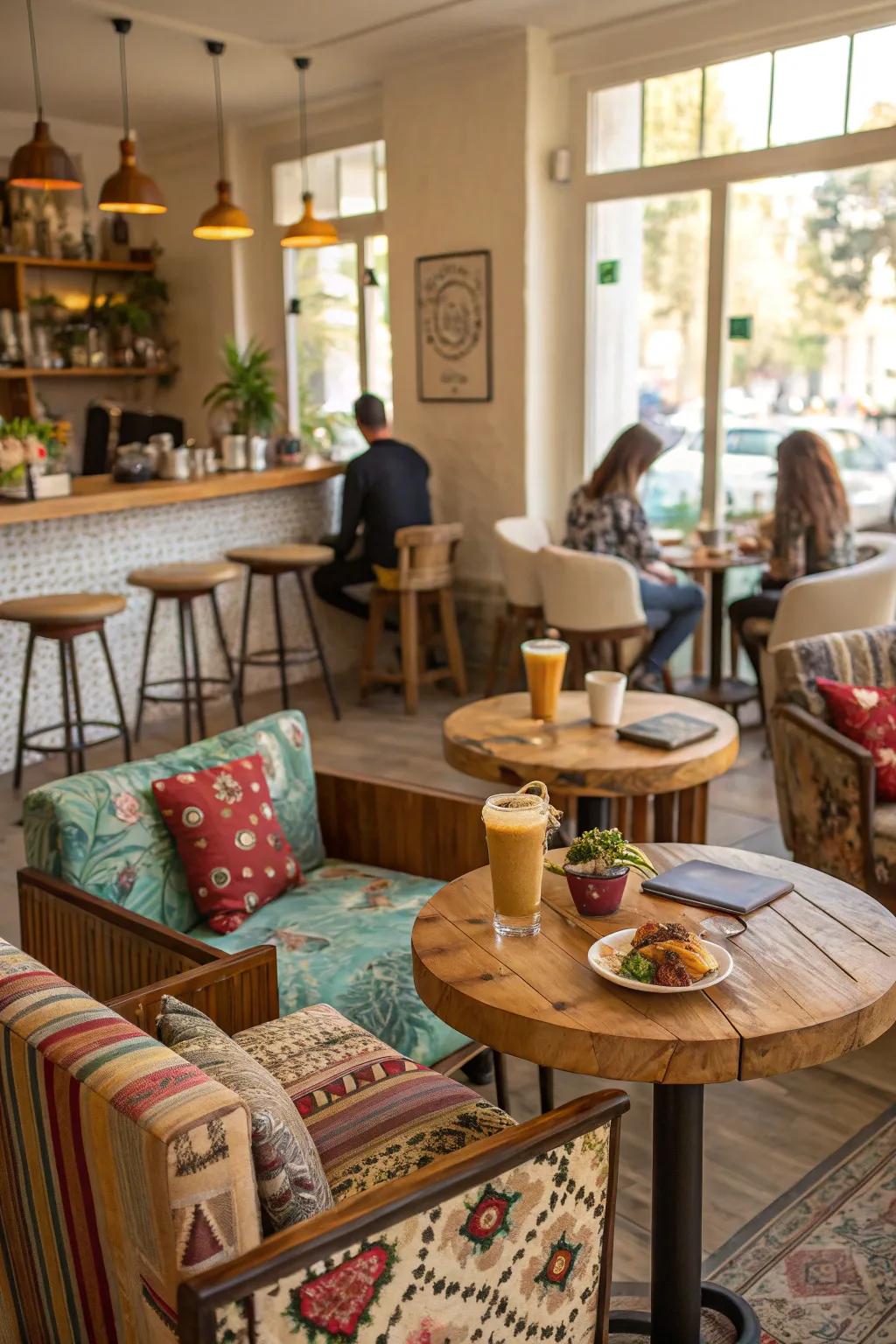 Blended seating possibilities fashion an adaptable home cafe atmosphere.