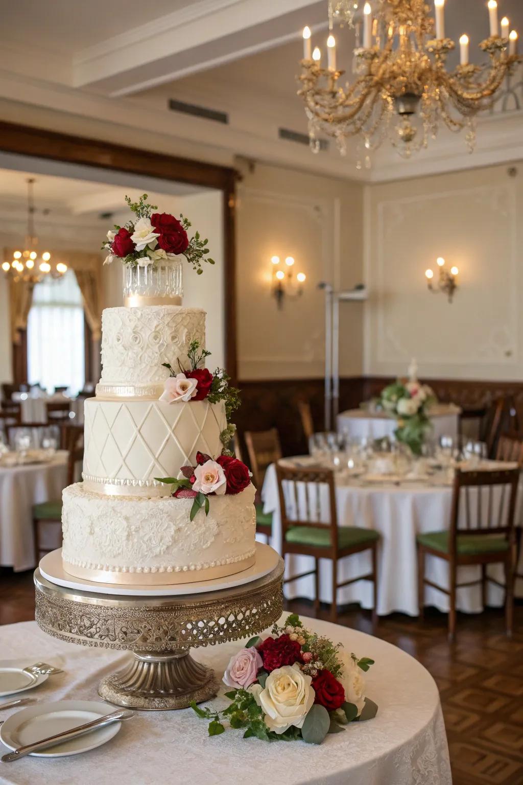 A beautifully tiered cake serving as the centerpiece, adding height and elegance.