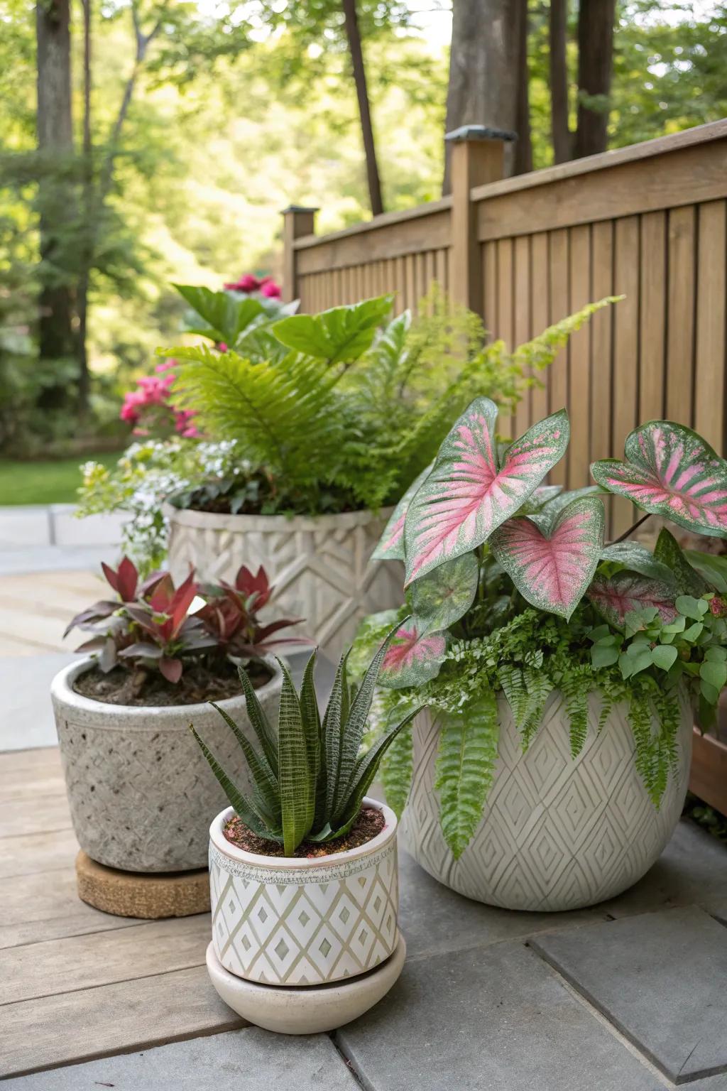 Textural interplay achieved through caladiums and other flora, crafting visual fascination.