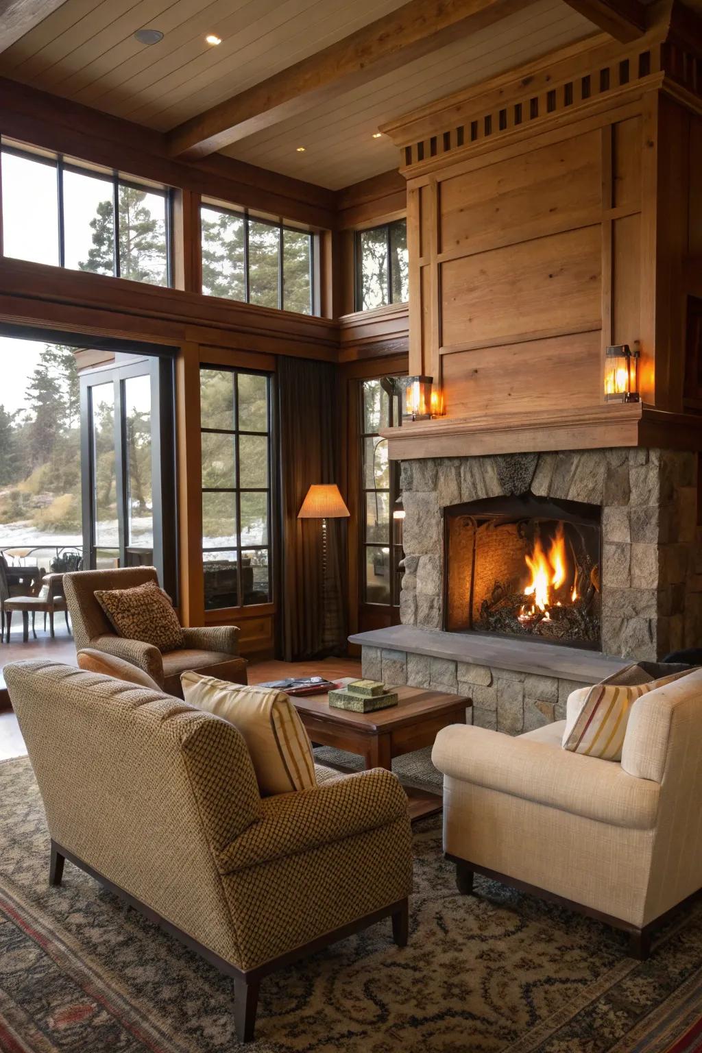 Cozy fireplace in a California room adds warmth and ambiance.