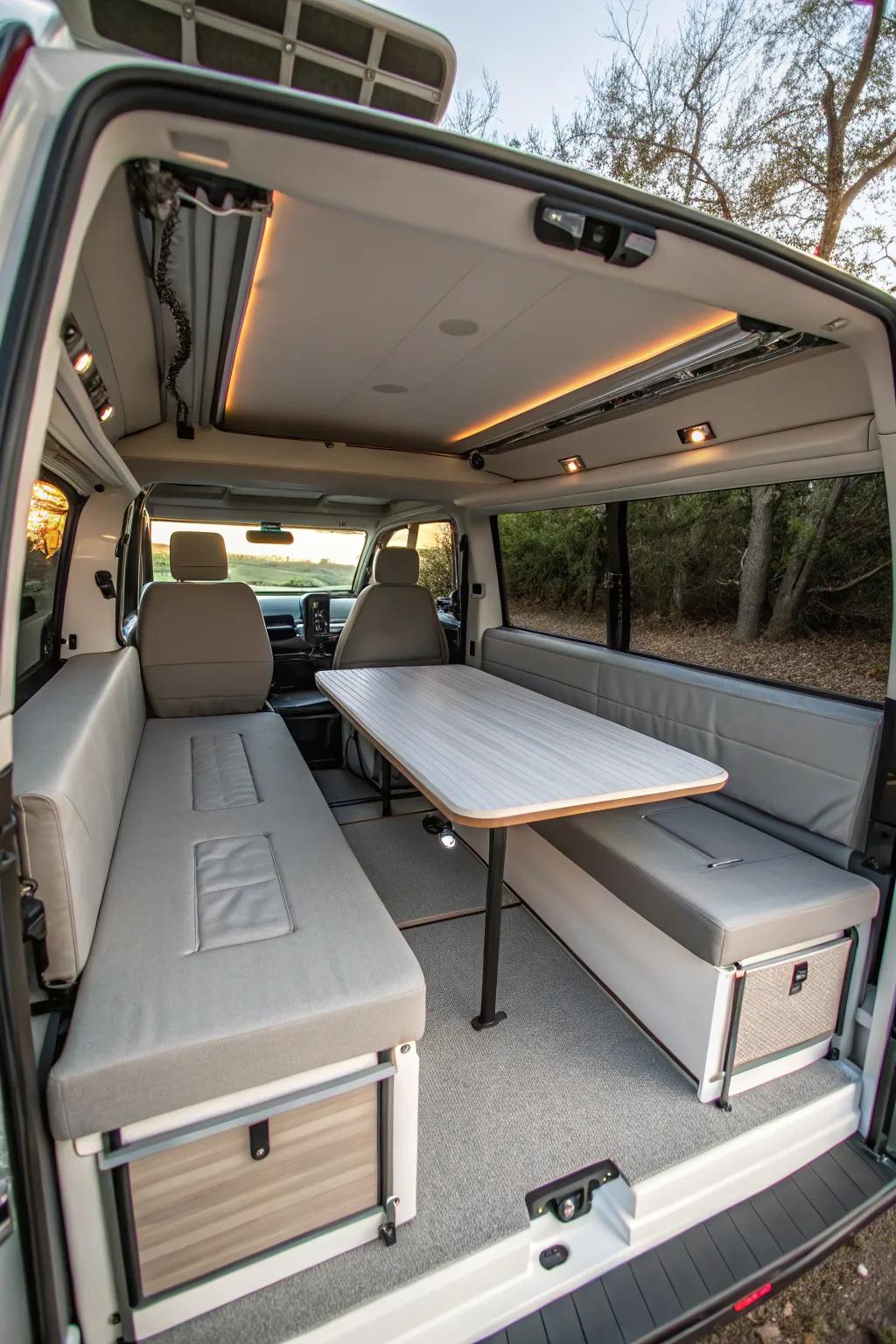 Creative versatile furnishings for dynamic camper shell interiors.