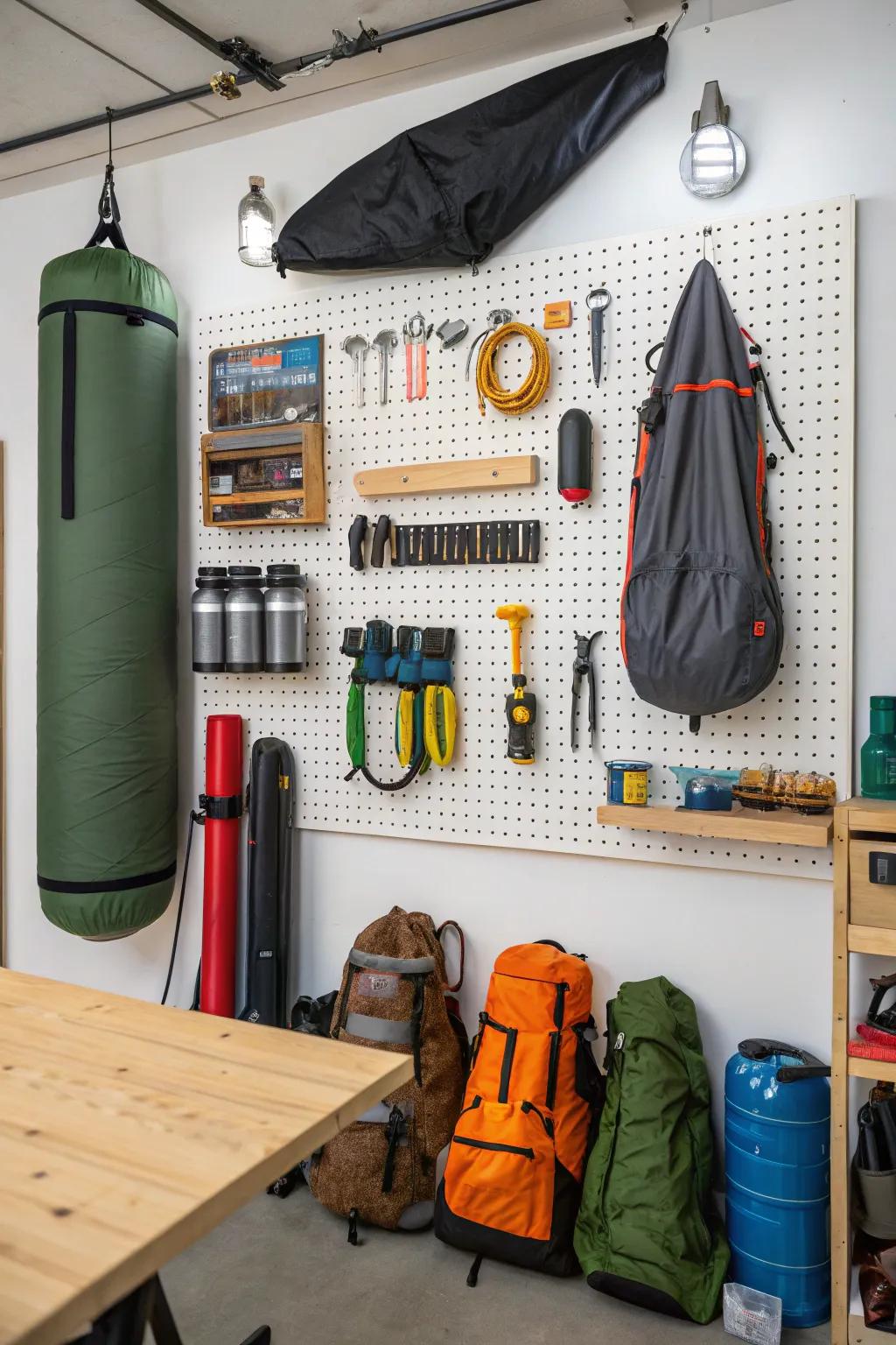 Perforated boards provide a creative way to arrange and display camping tools.