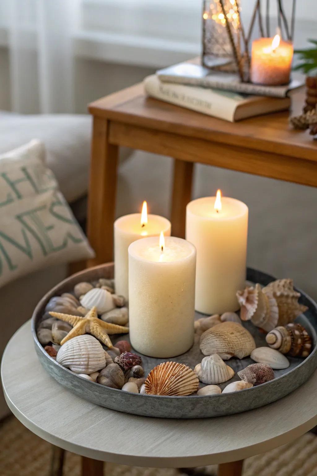 Seashells and candles evoke a soothing coastal vibe.