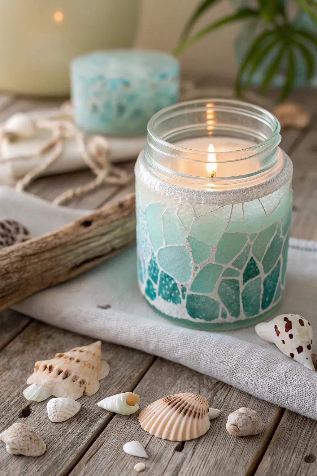 Convey the tranquil allure of the beachfront into your residence through this seaside glass candle container.