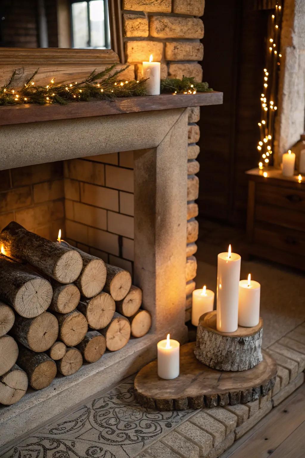 Timber accents alongside waxlights proffer a countryside, balmy enticement.