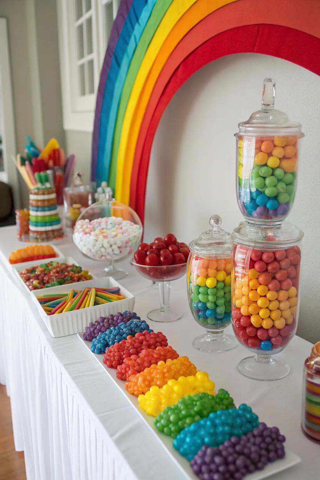 Simple colors such as rainbow themes simplify candy selection and save on costs.