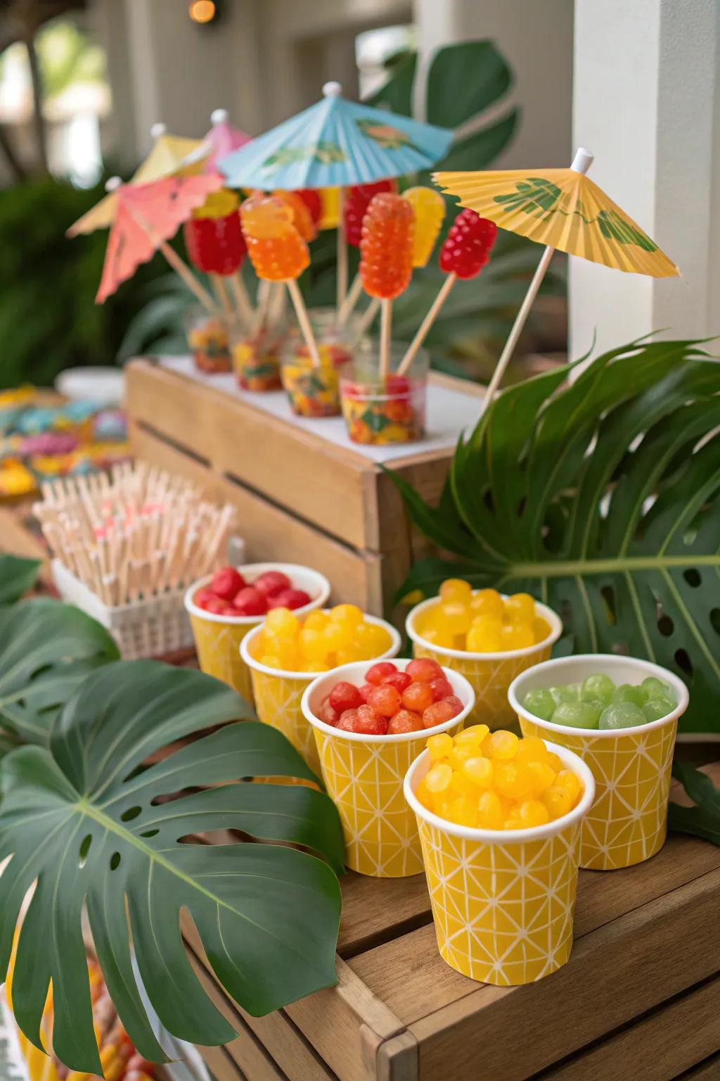 A tropical paradise sweet station, rich with vibrant colors and exotic flavors.