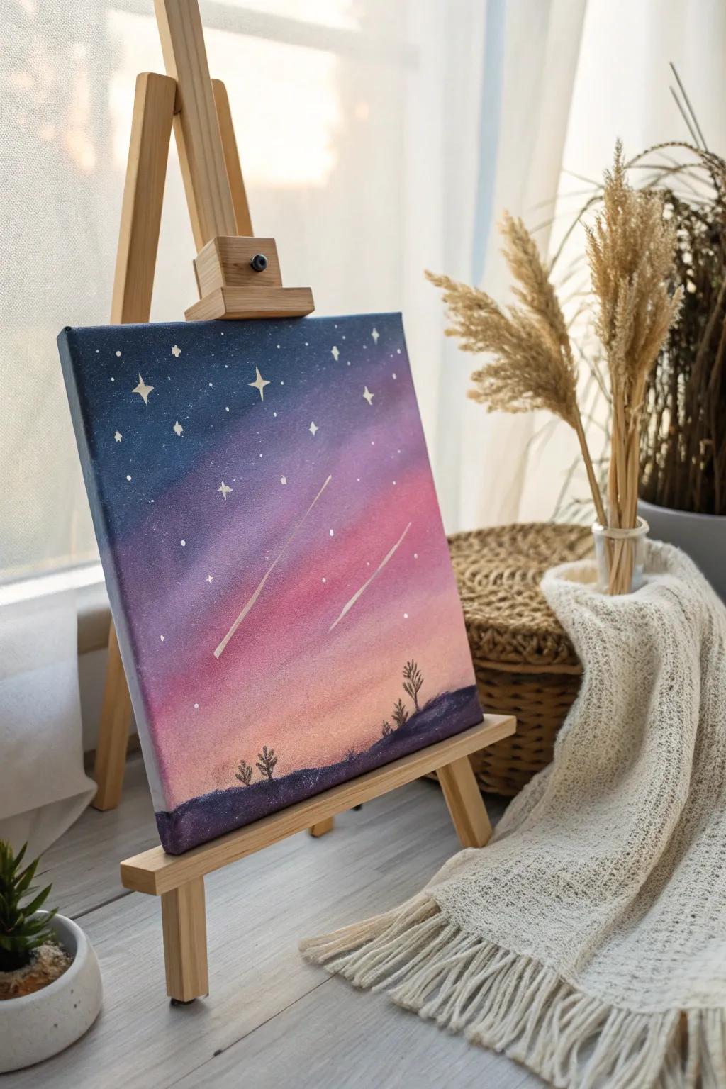 Capture the universe at your fingertips with a shimmering sky painting, bringing a sense of serenity and wonder to your cozy space.