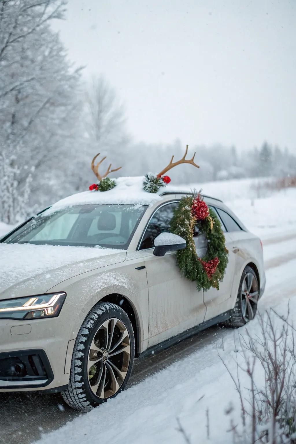A car embellished with festive holiday trimmings, distributing cheer on the road.
