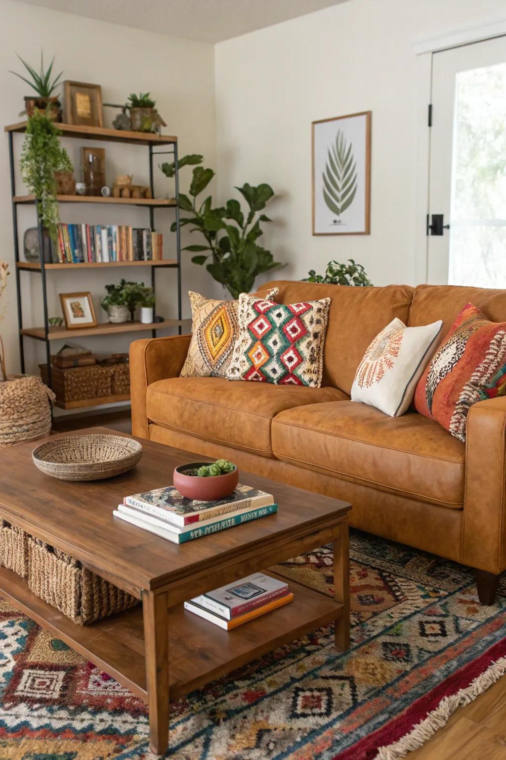 Merging design aesthetics infuses personality into a honey-toned sofa room.