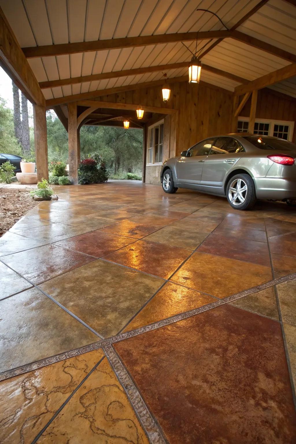 Concrete coloration introduces sophistication to a typical carport floor.