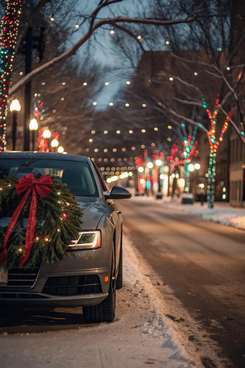A car looking festive with a wreath, sharing holiday joy with everyone.