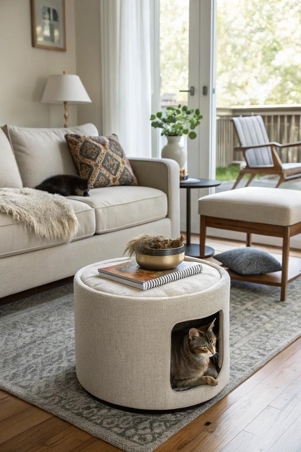 A fashionable hideaway for your cat's tranquil moments.