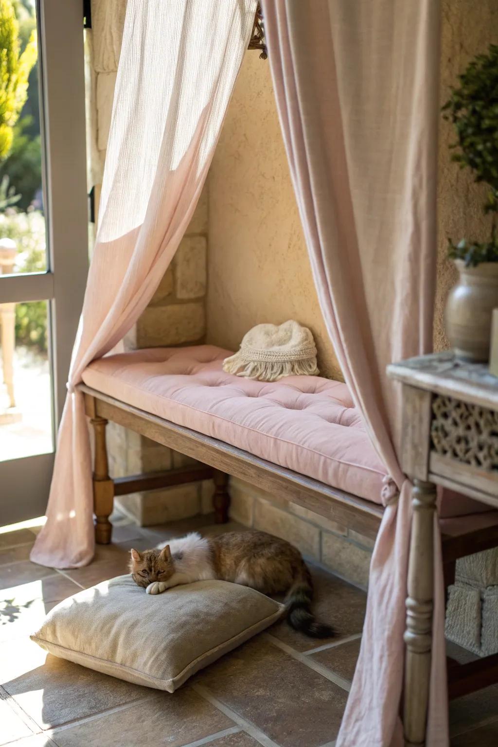 A cozy hideaway beneath a bench, perfect for a cat’s secret sanctuary.