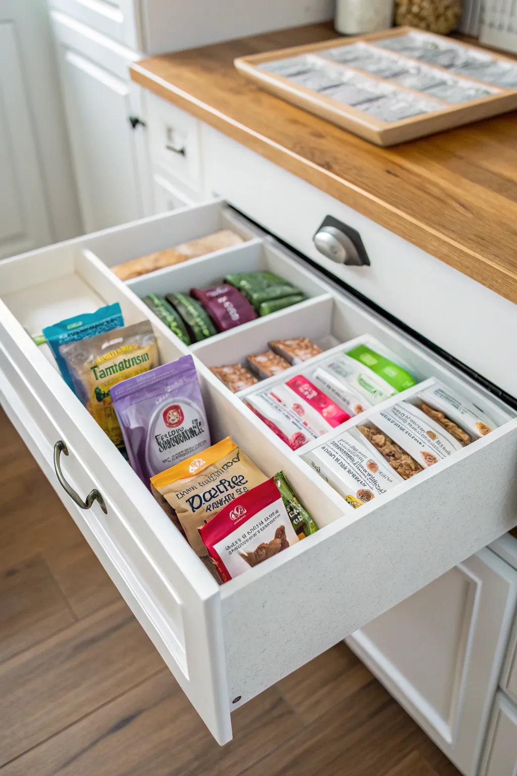 Custom internal drawer sorters ideal for housing feline food pouches.