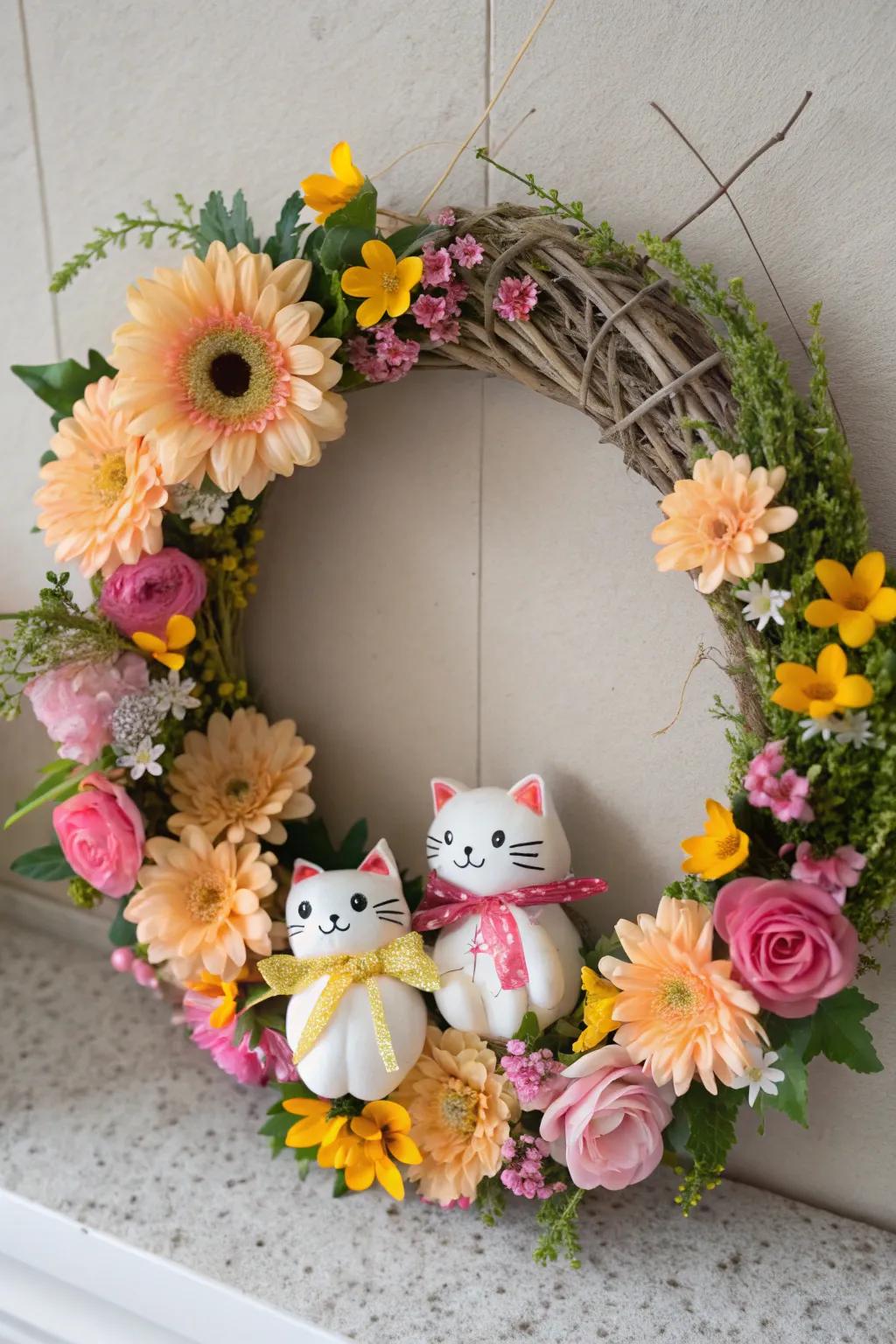 A floral feline sanctuary wreath, ideal for any snug nook.