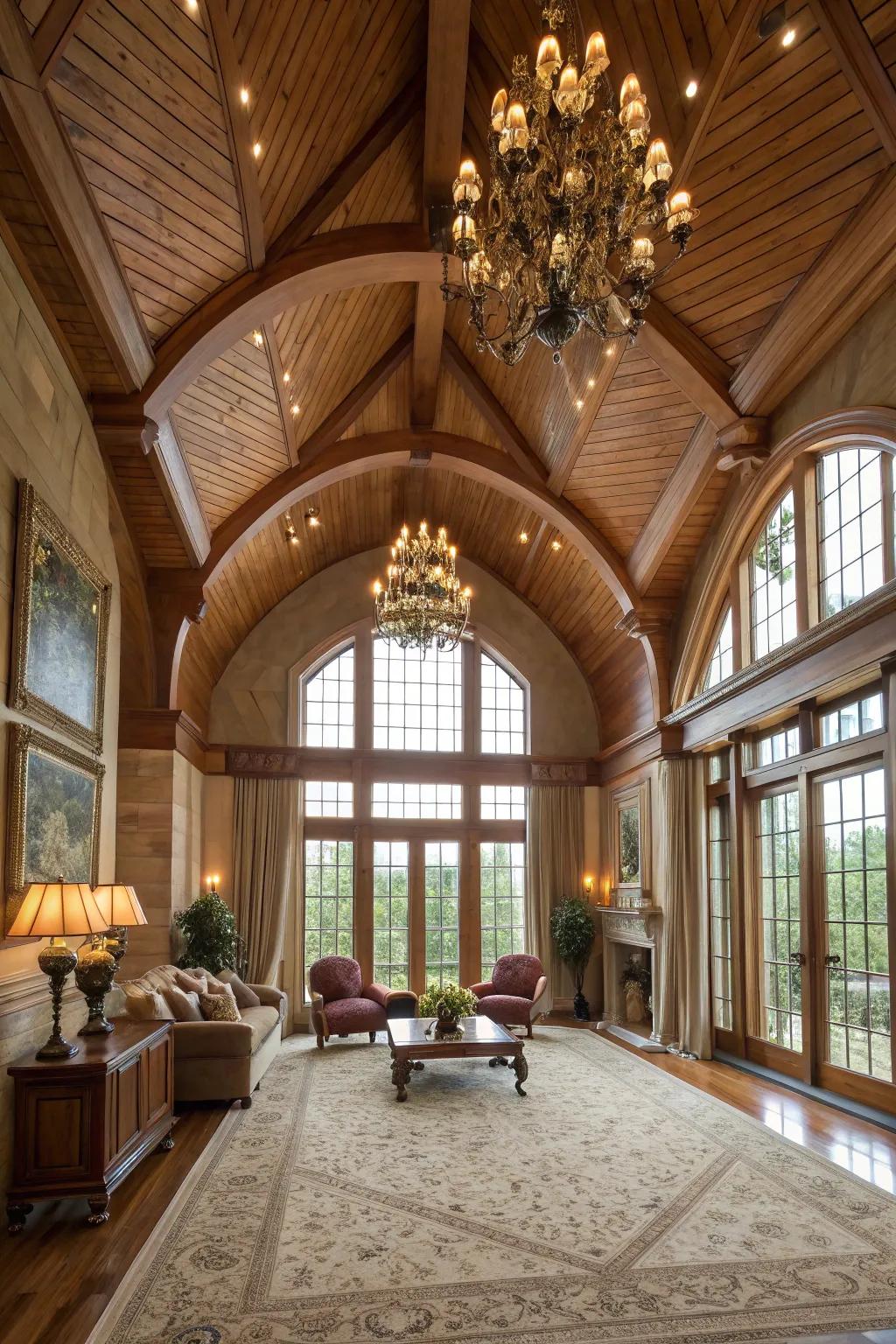 A majestic chamber featuring an elevated wood planked ceiling, bestowing a sensation of spaciousness.