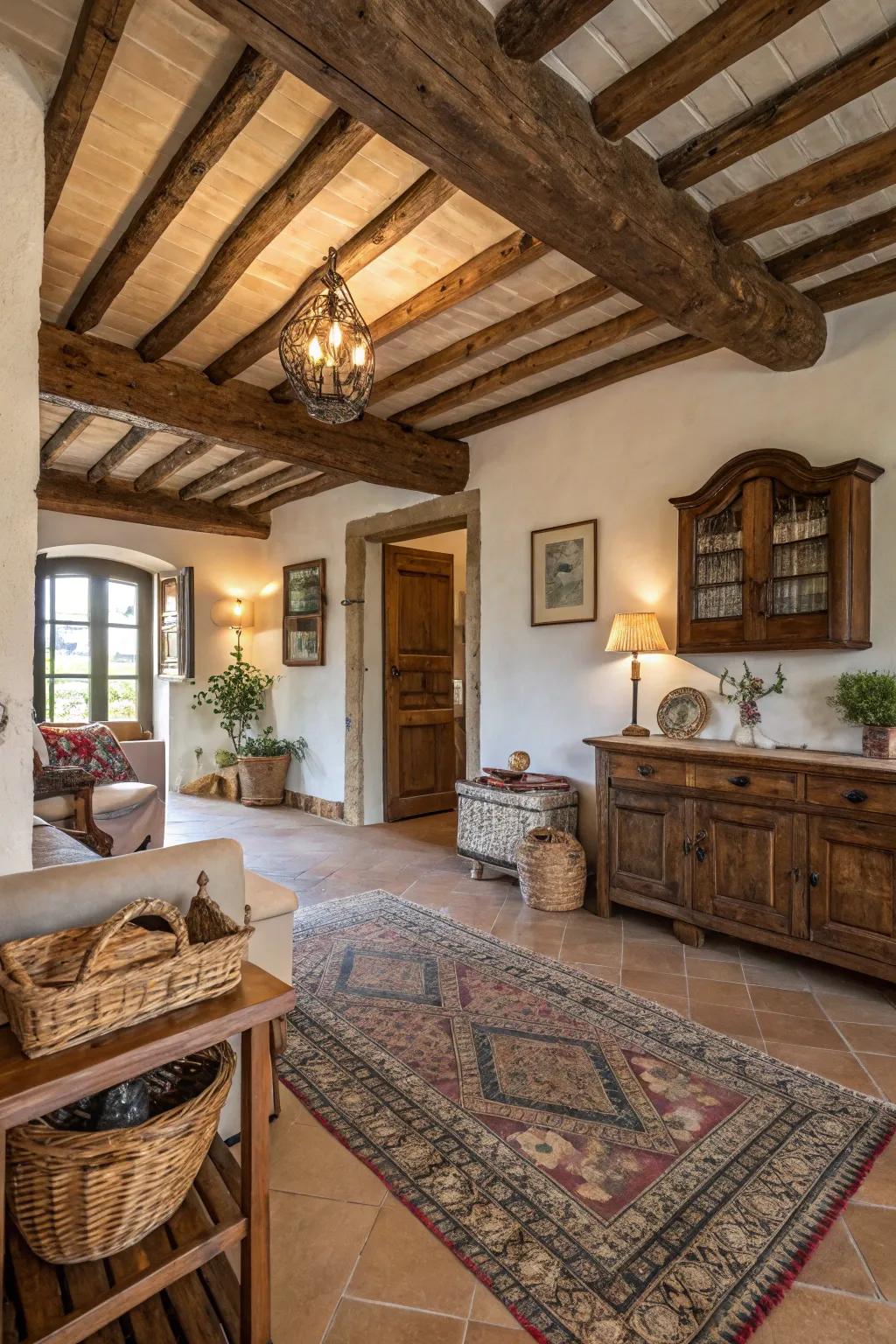 Ceiling crossbeams impart a classic farmhouse appeal.