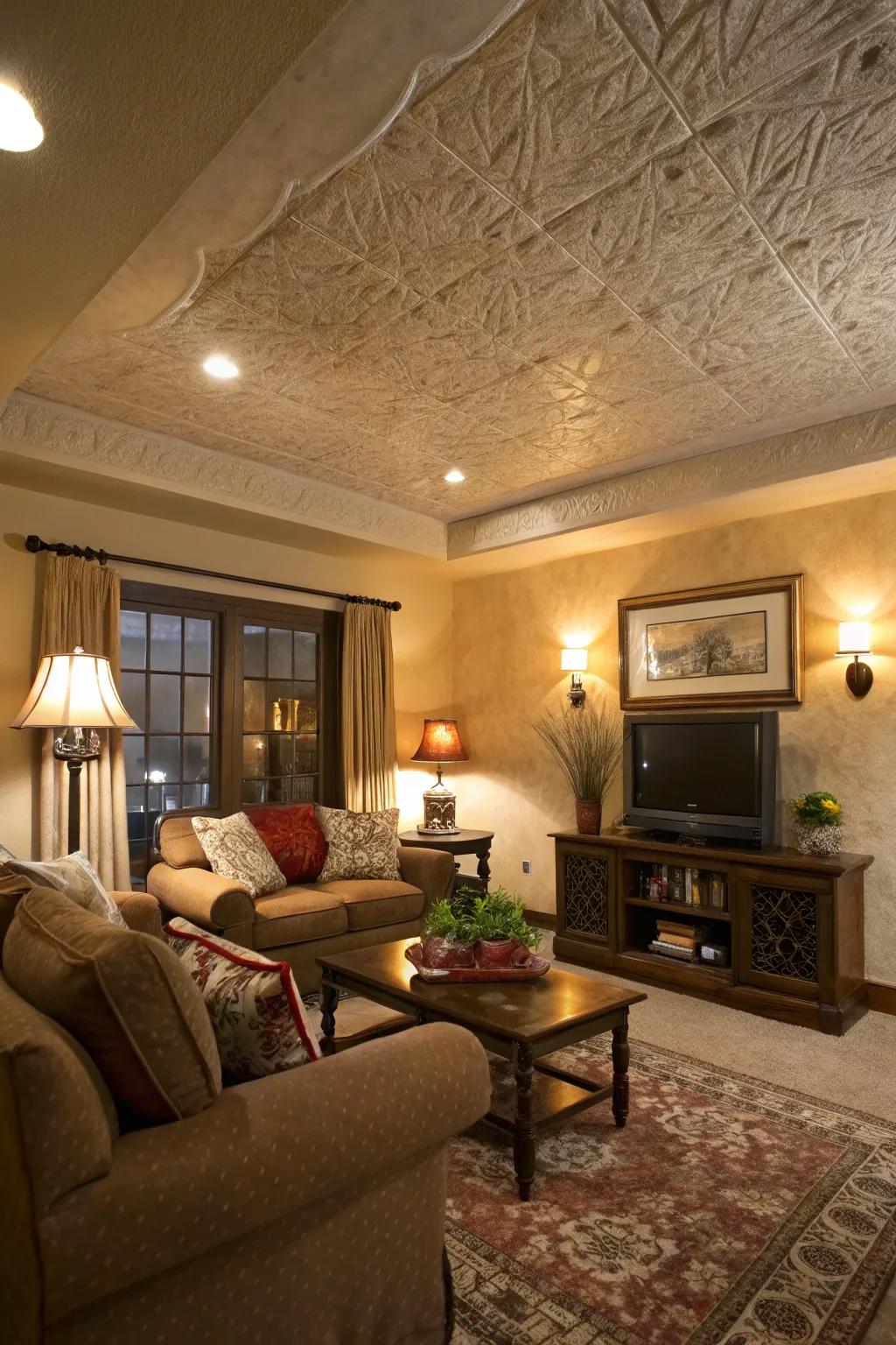 Realize a rustic ambiance with the endearing knockdown ceiling texture.