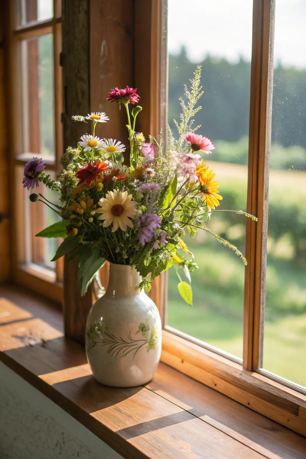 A ceramic vase brimming with fresh wildflowers adds a touch of nature indoors.