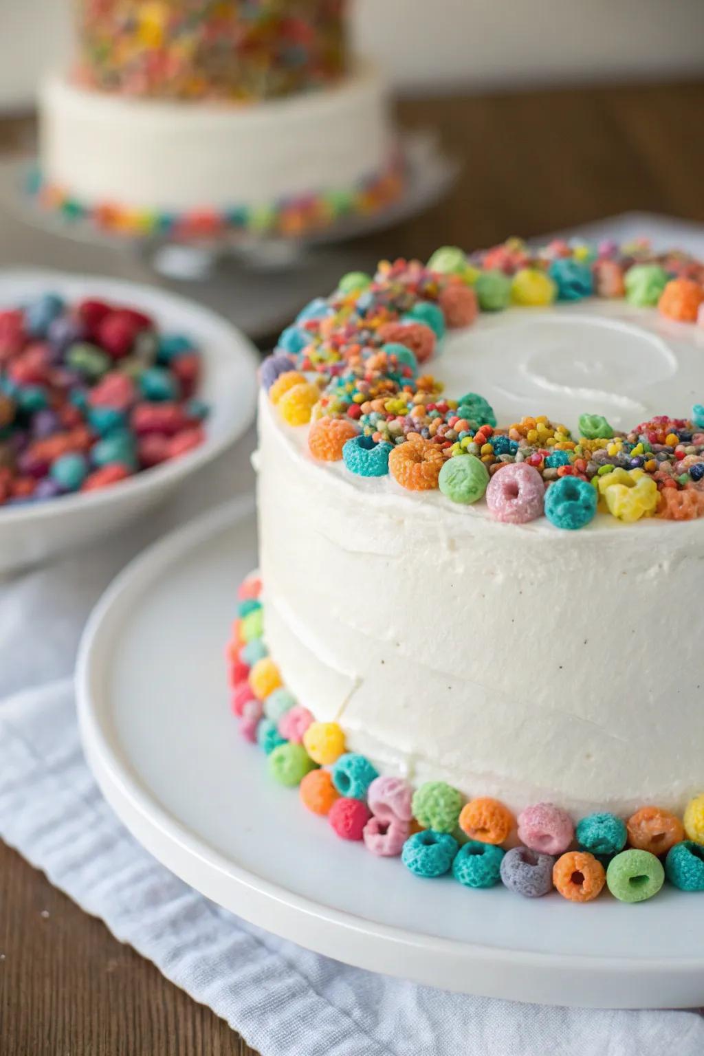 A cake lavishly decorated with colorful grain segments encircling its sides and summit.