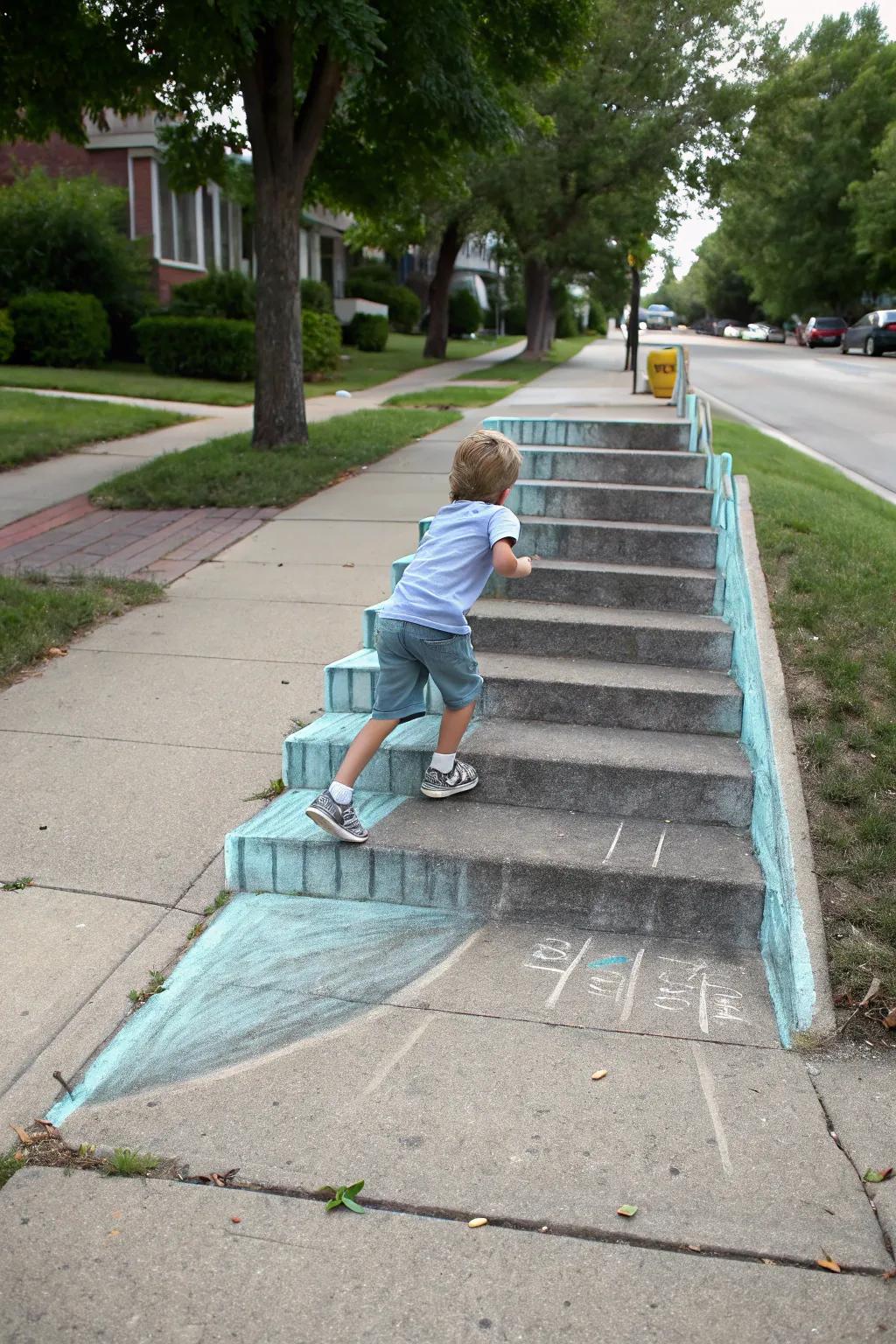 A child interacting with an enhanced art stick creation, scaling unreal steps.