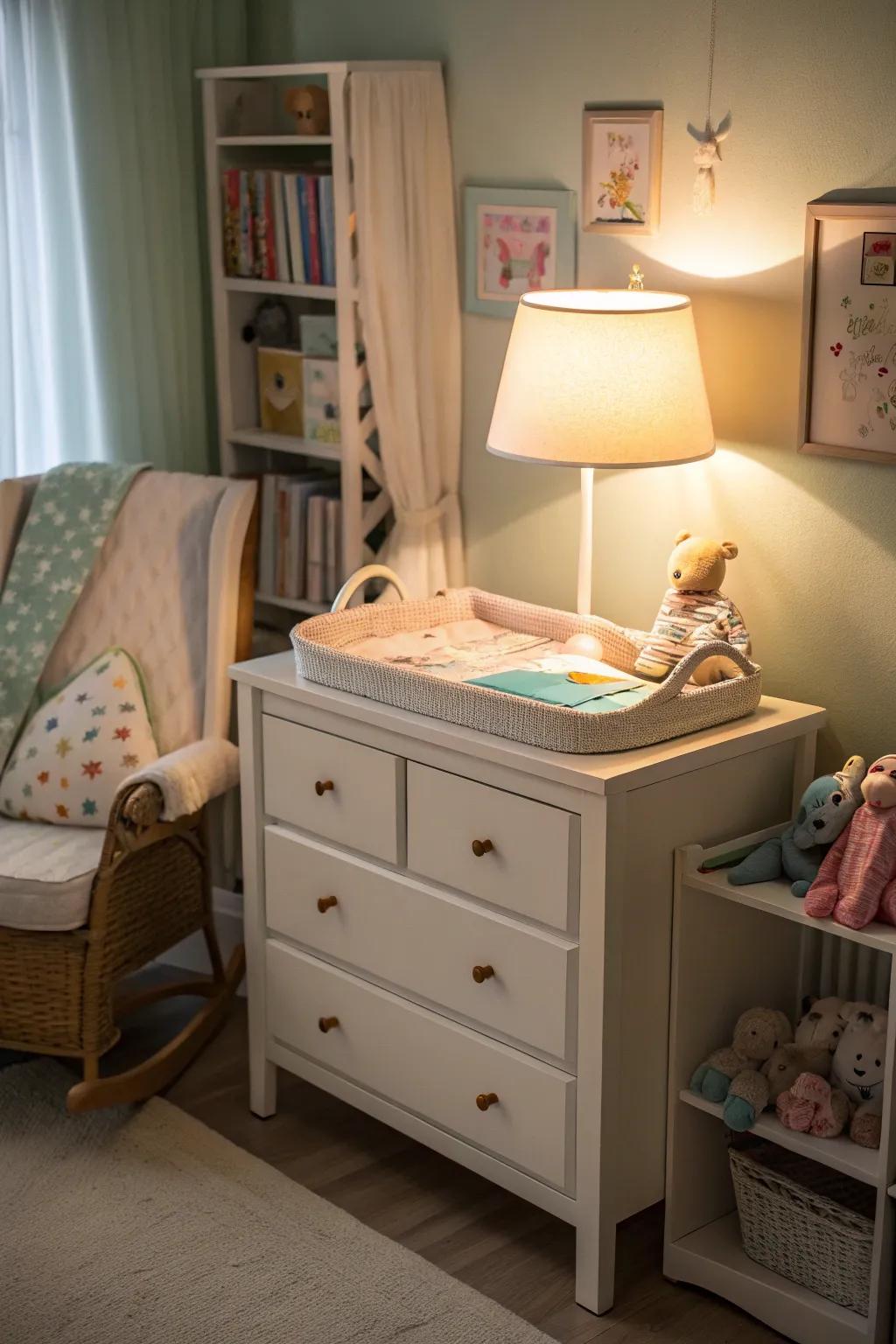 Soft lighting creates a calming ambiance for late-night changes.