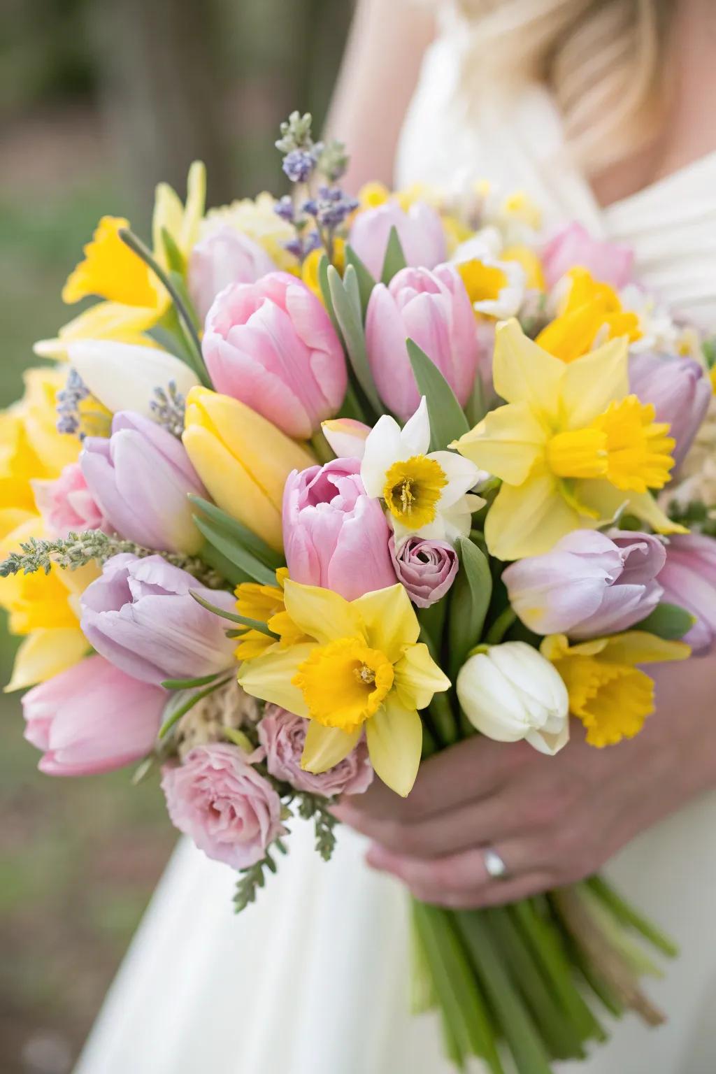 Season-appropriate tulips and jonquils for a spring wedding bouquet that's easy on the pocket.