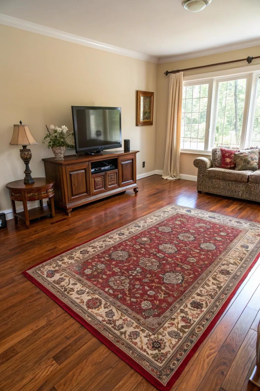 Floor coverings incorporate texture and warmth to mahogany wood floors.