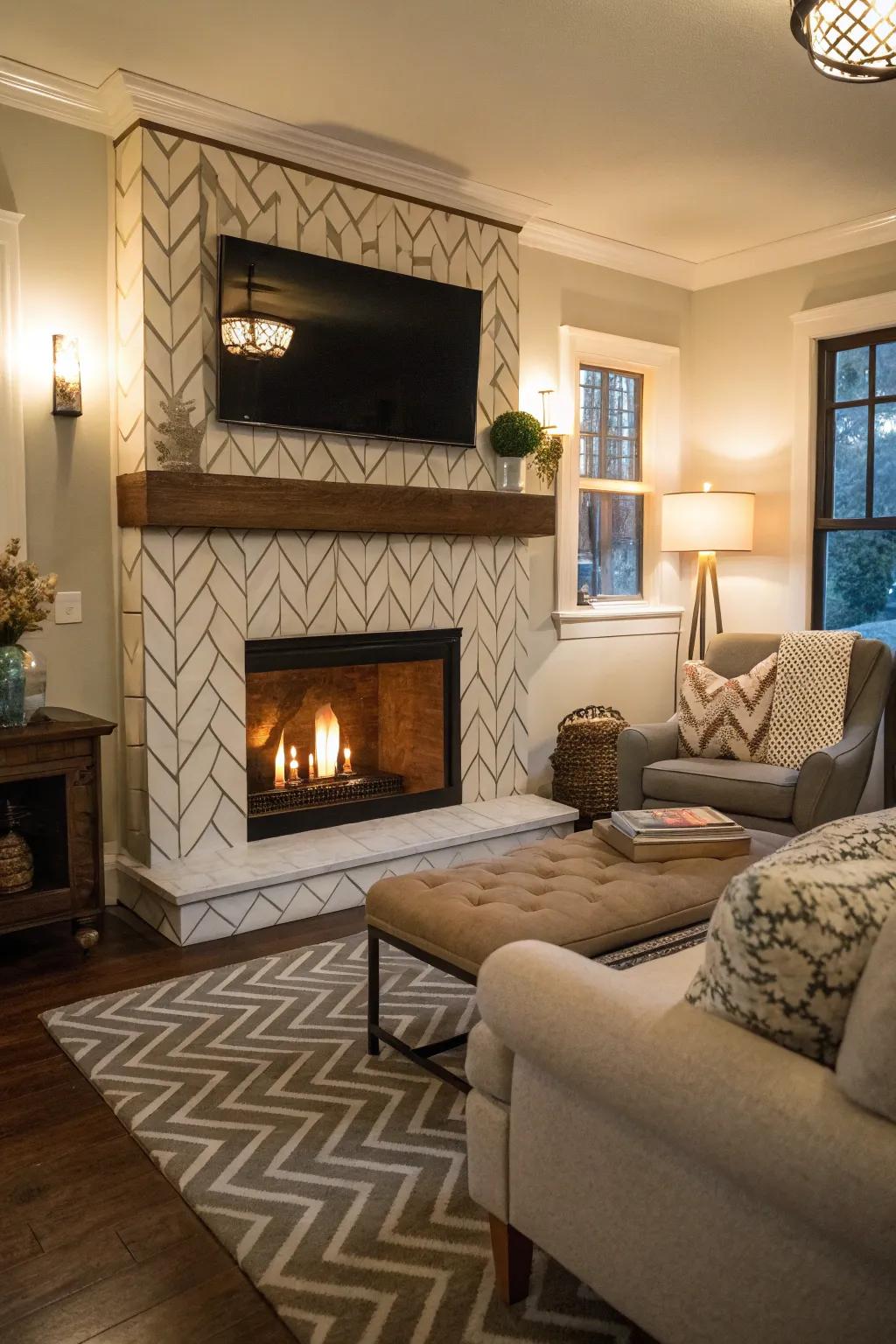This hearth is enhanced by a zigzag layout tile surround, which produces a comfortable and artistic center point.