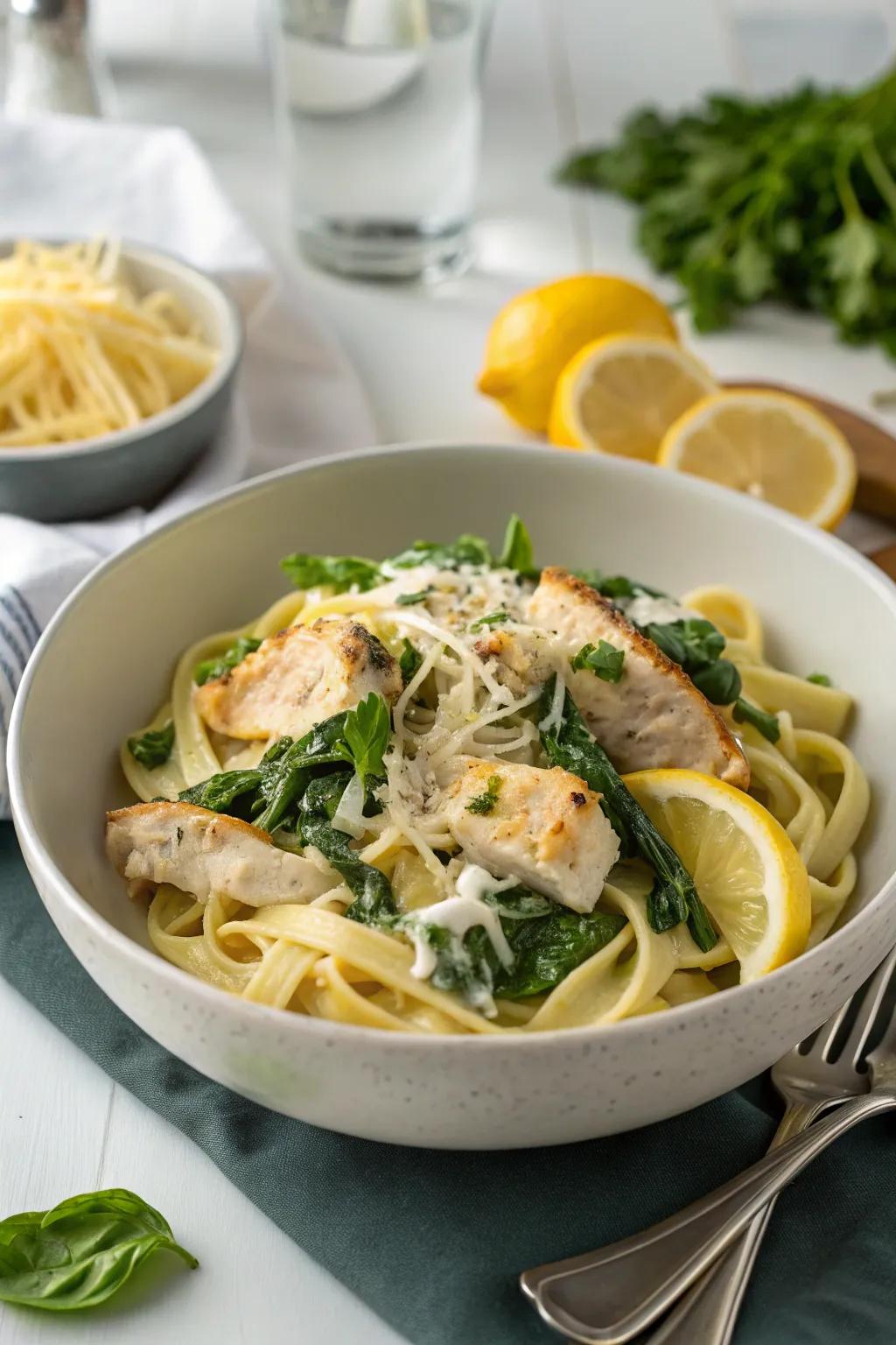 Chicken and Spinach Pasta with a refreshing citrus cream sauce.