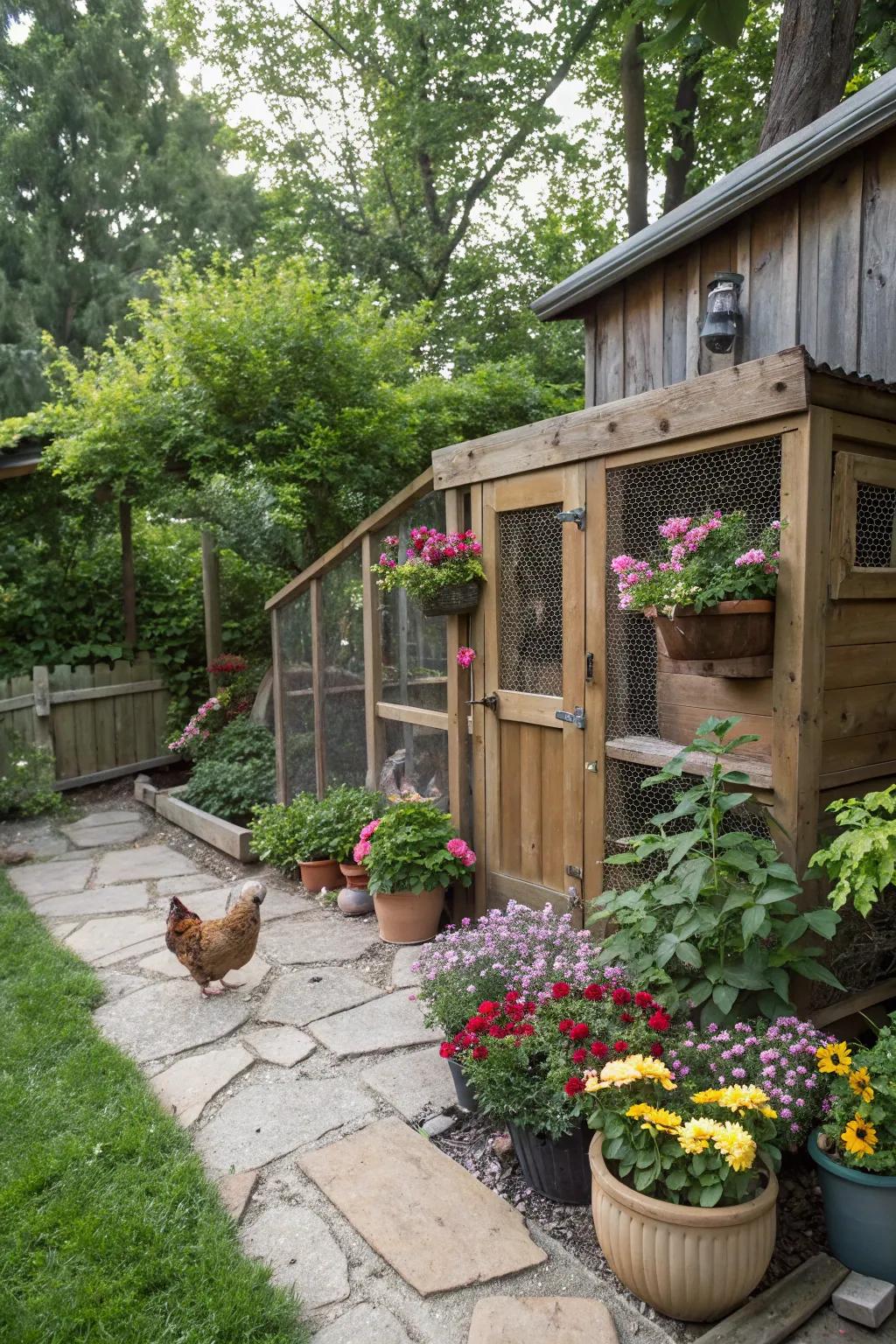 Ornamental foliage crafts an invigorating and authentic ambiance surrounding the coop.