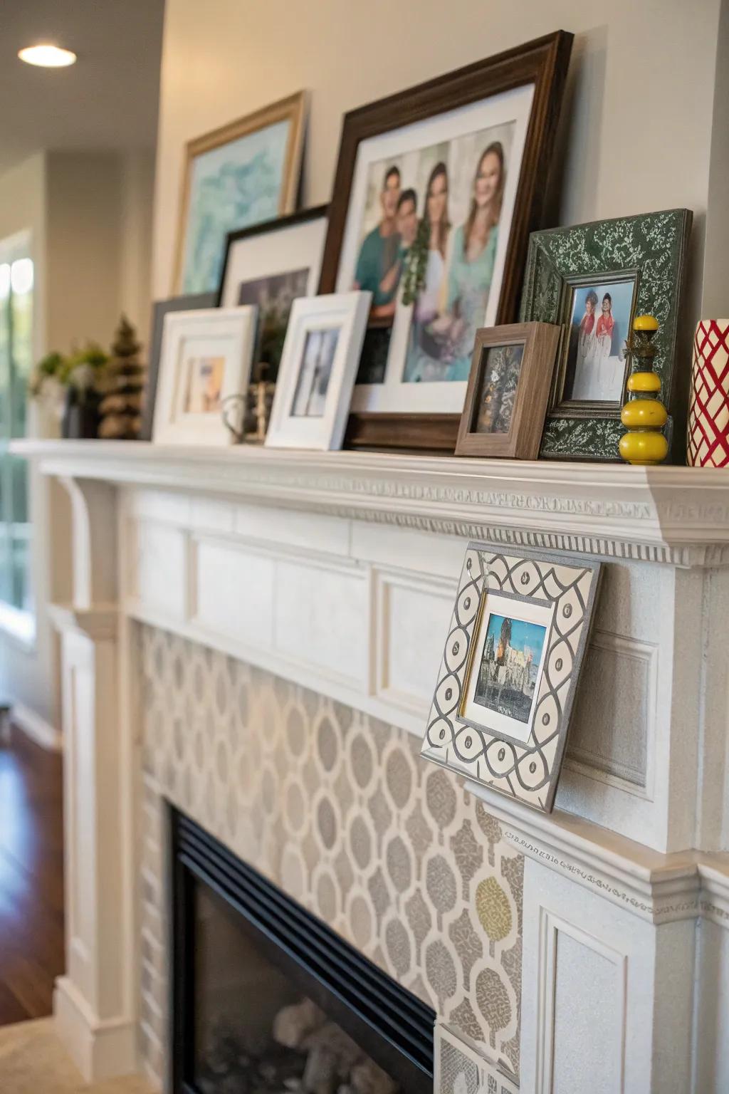 Art and photographs lend personality to the fireplace area, radiating warmth and character.