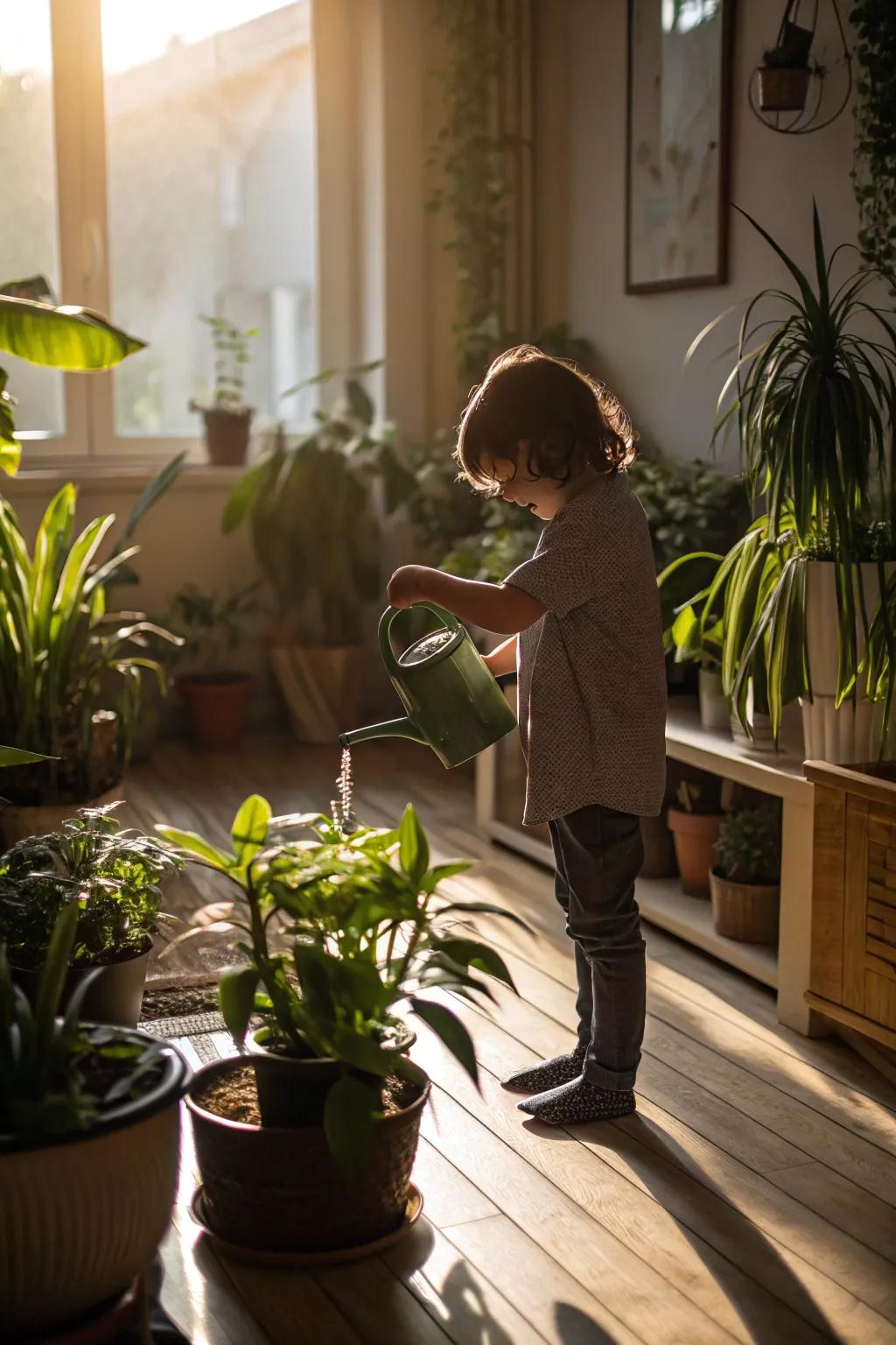 A young gardener watering colorful indoor plants.