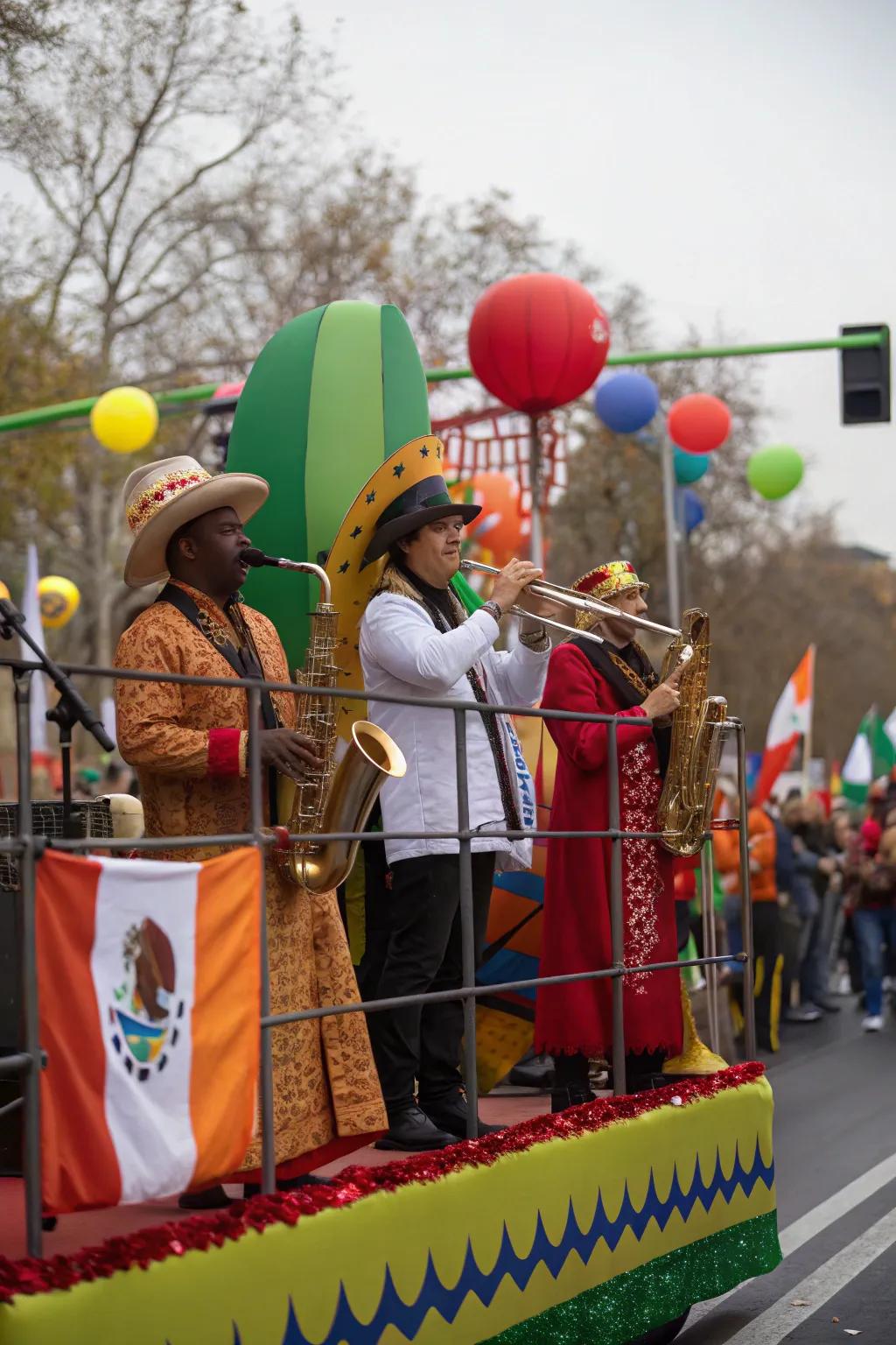 Global Melodies float with multicultural musicians sharing holiday music.