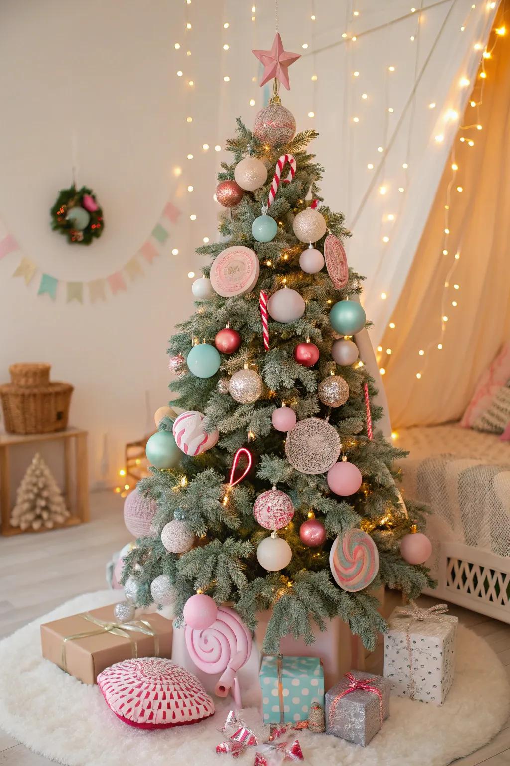 A playful Sweet Land-themed Christmas bauble tree for a spirited holiday impression.