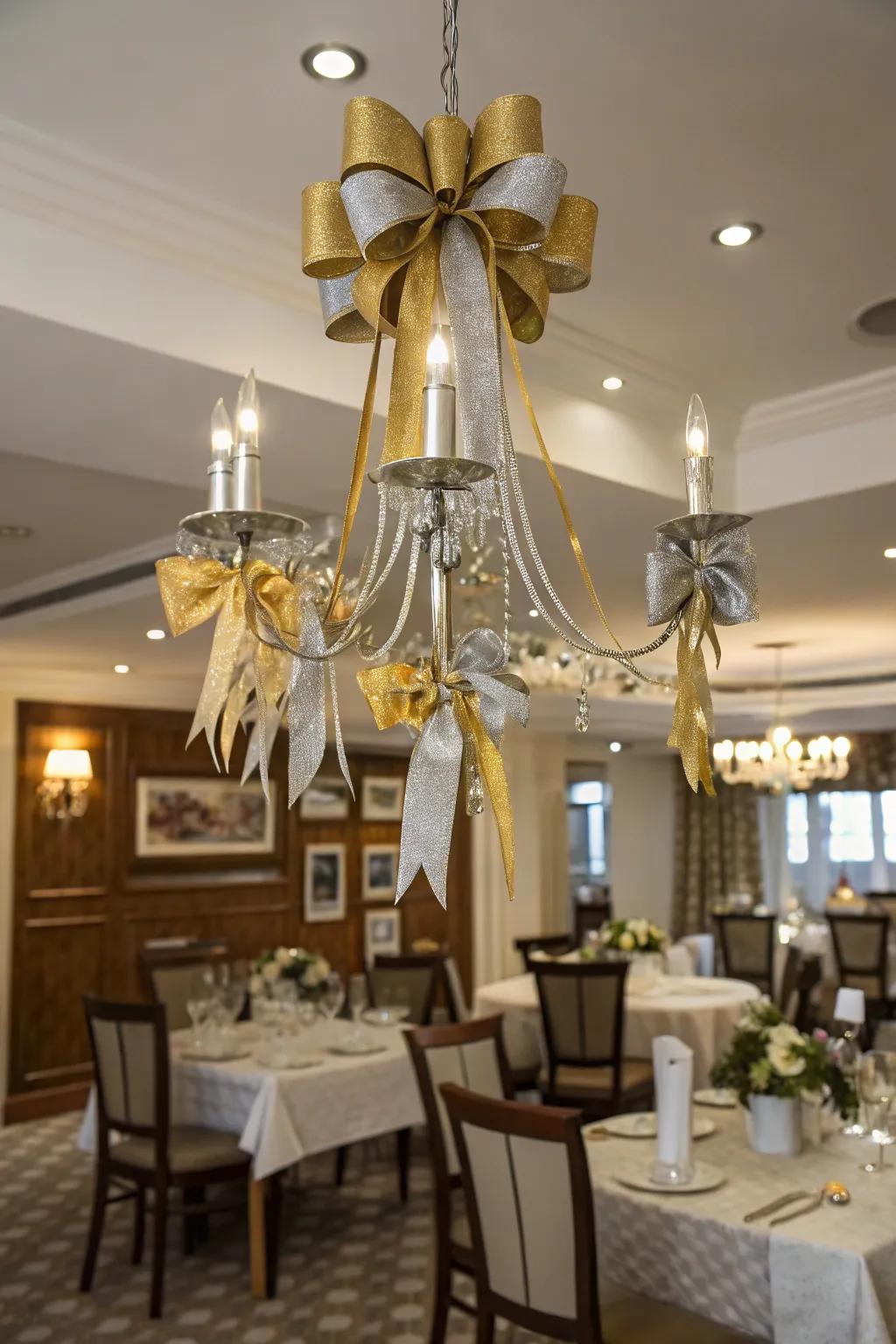Silken bands and loops convey a hint of sophistication to chandelier décor.