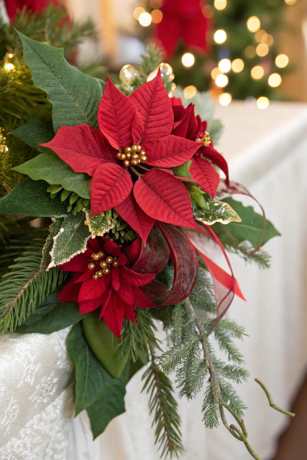 A Christmas posy showcasing starblooms and verdant foliage.