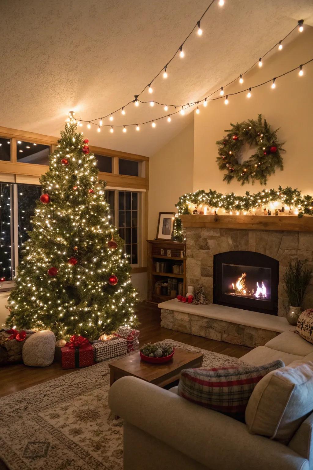 A living room aglow with delicate shimmering lights and celebratory ornamentation.