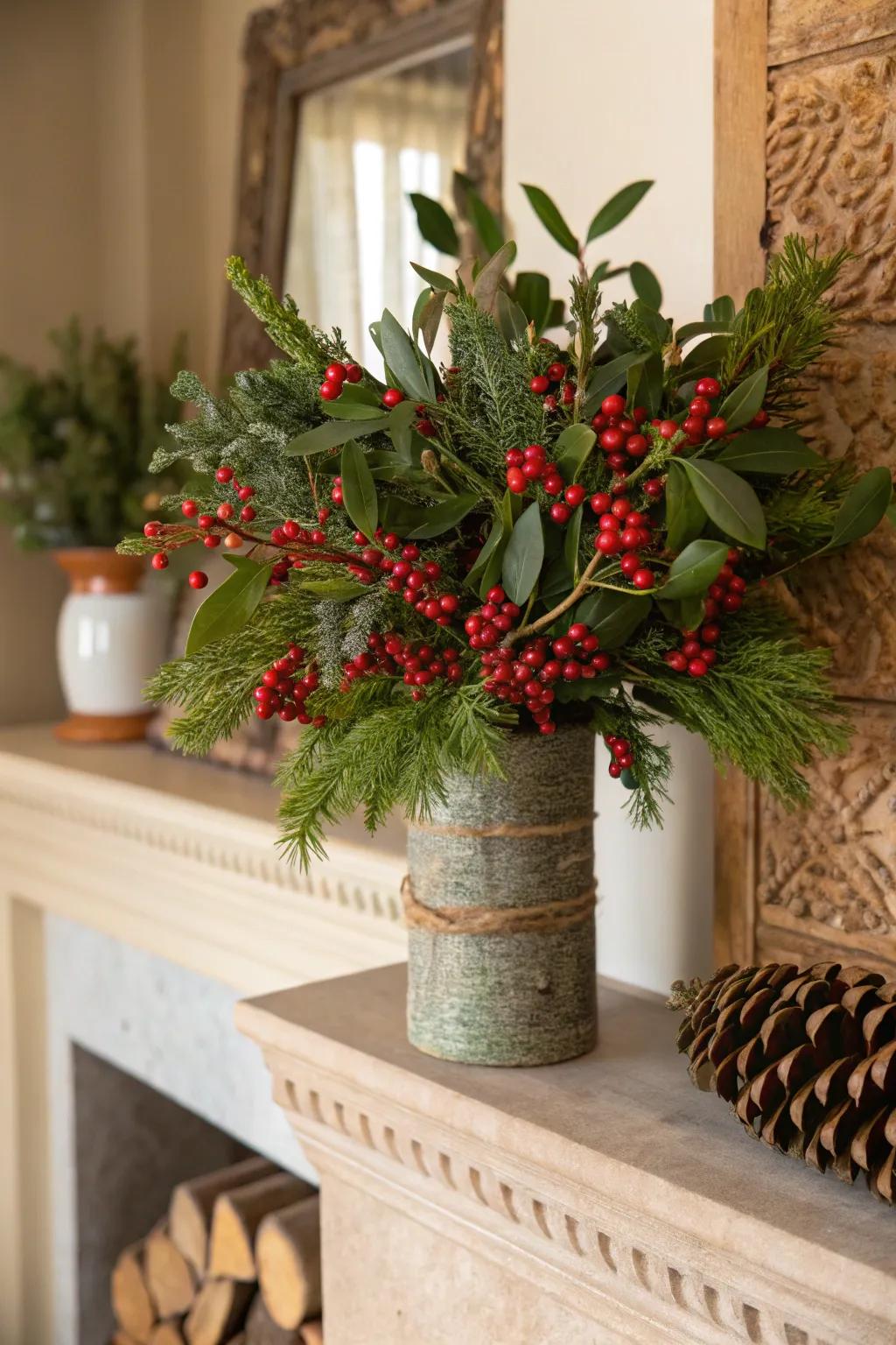 Twigs and crimson fruits establish a sentimental holiday centerpiece.