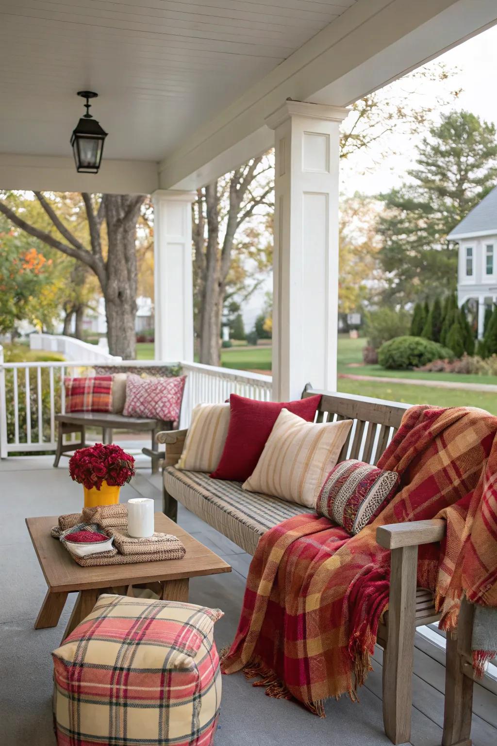 Plaid cushions and throws adding warmth to the veranda seating.