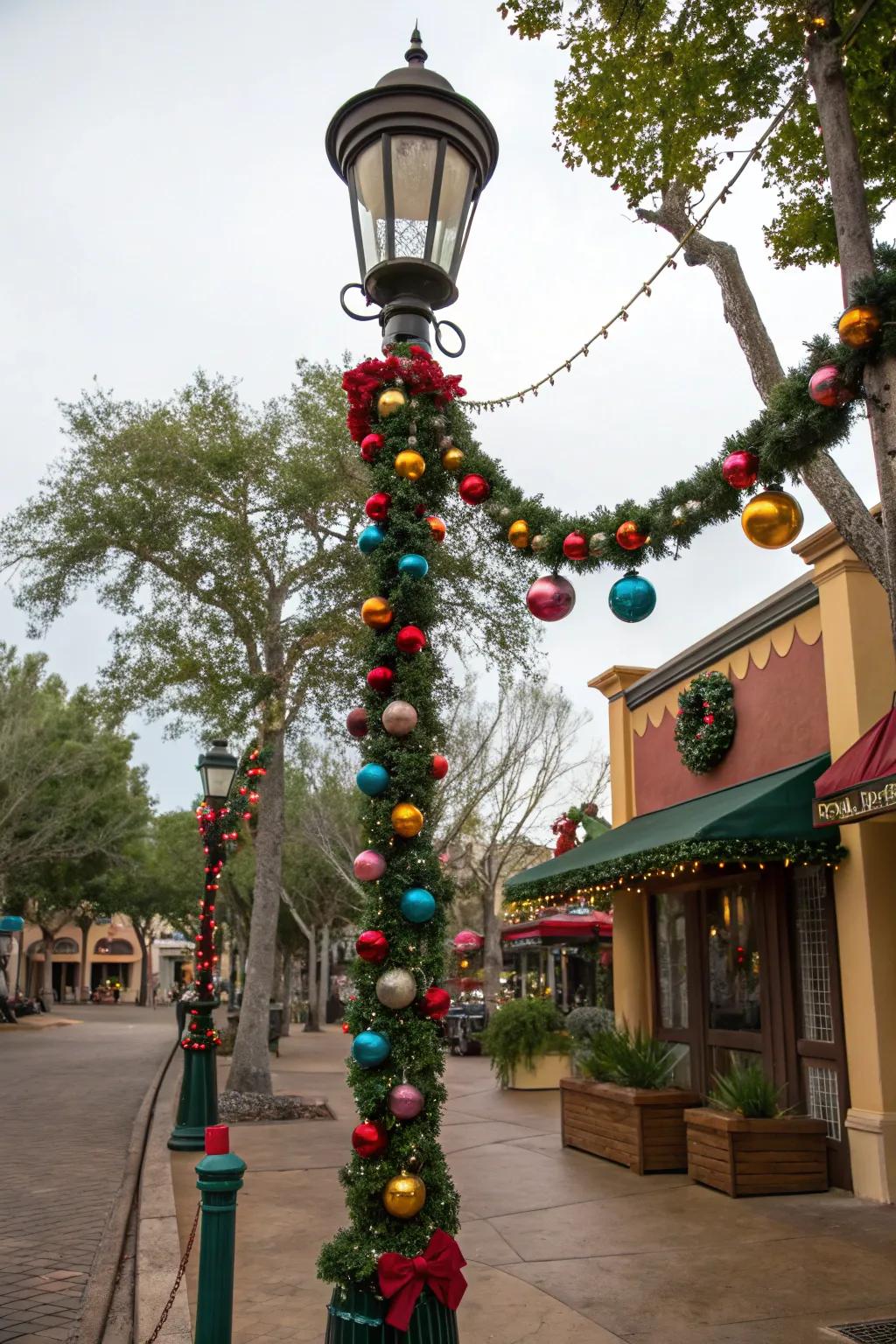 Ornaments lend a whimsical accent to a decorated lamp post.
