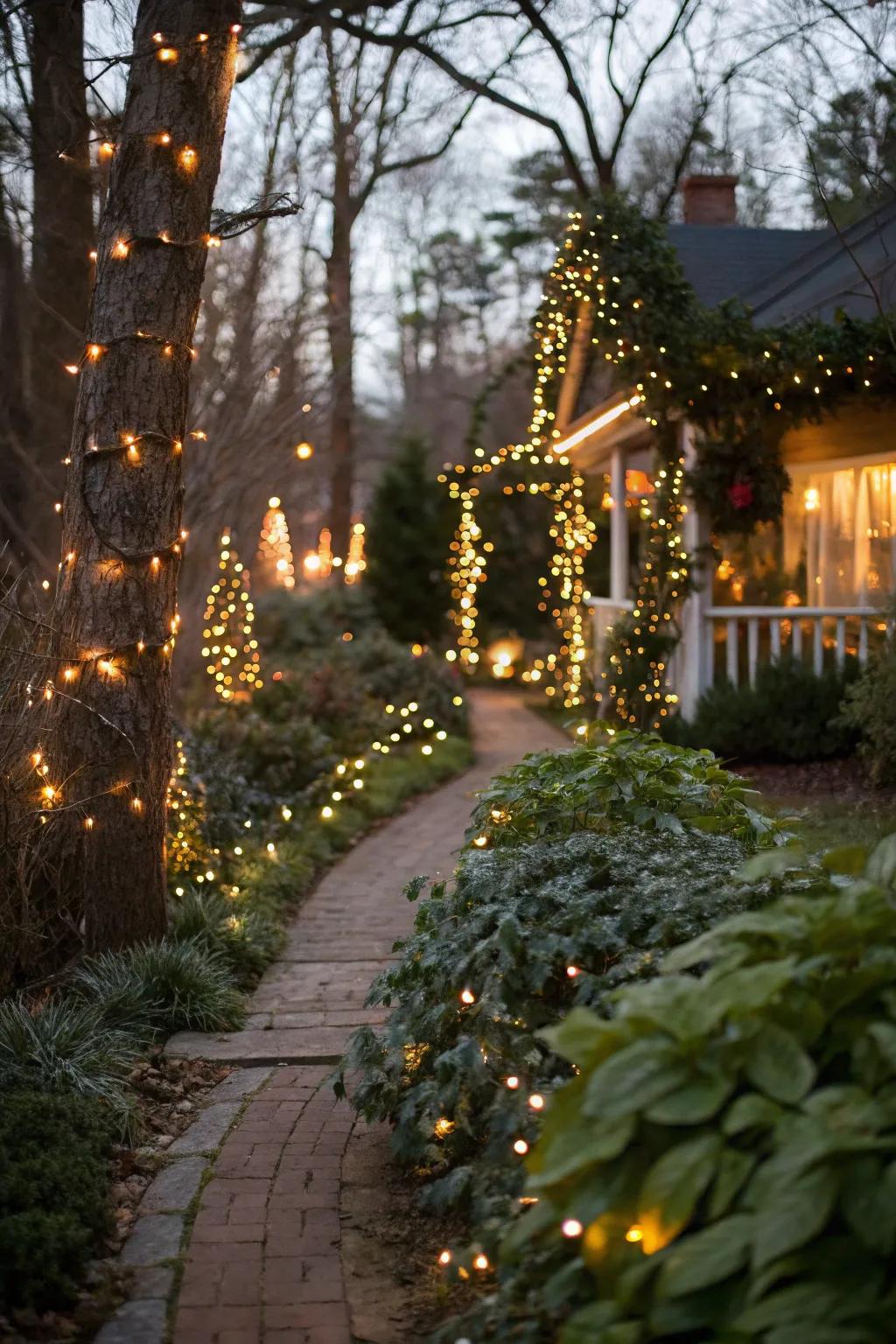 A garden pathway beautifully illuminated with festive lights.